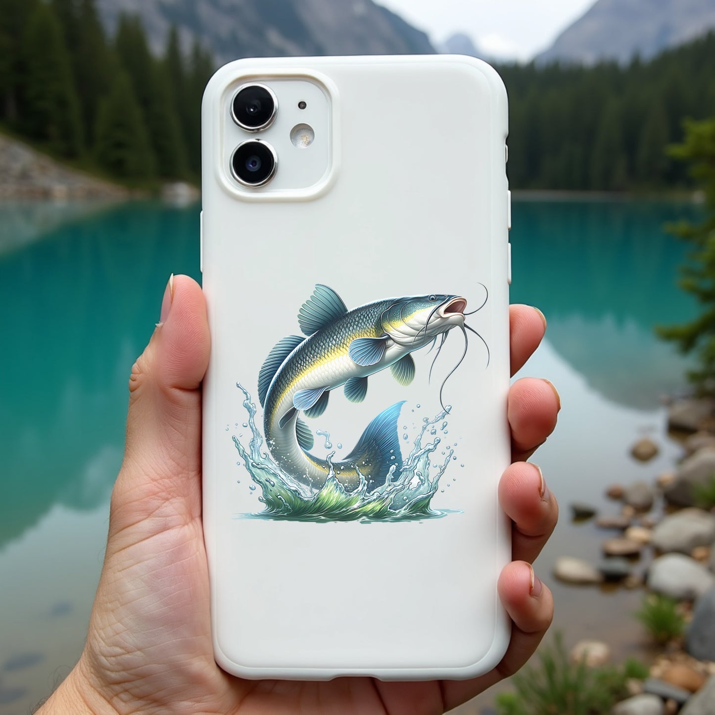 Phone case with a catfish design held in front of a scenic lake.