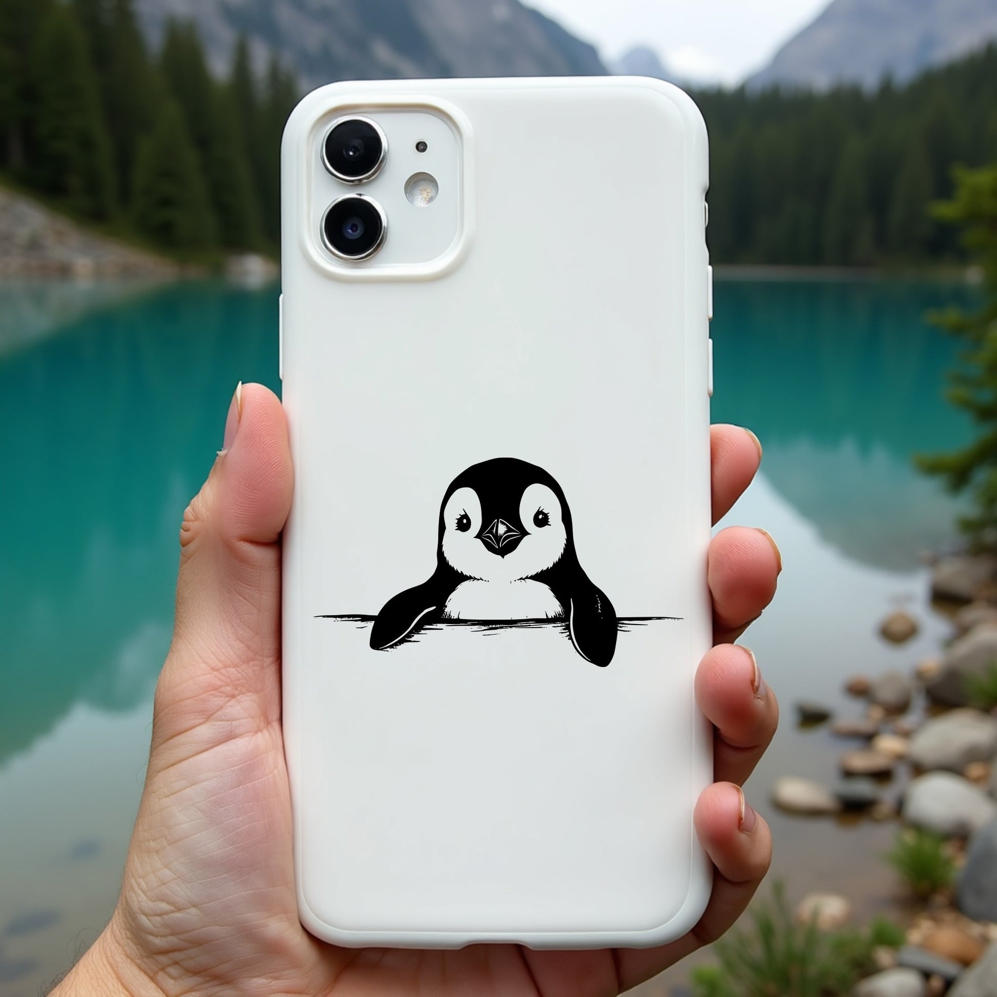 Phone case with a penguin design held in front of a scenic lake and mountains.