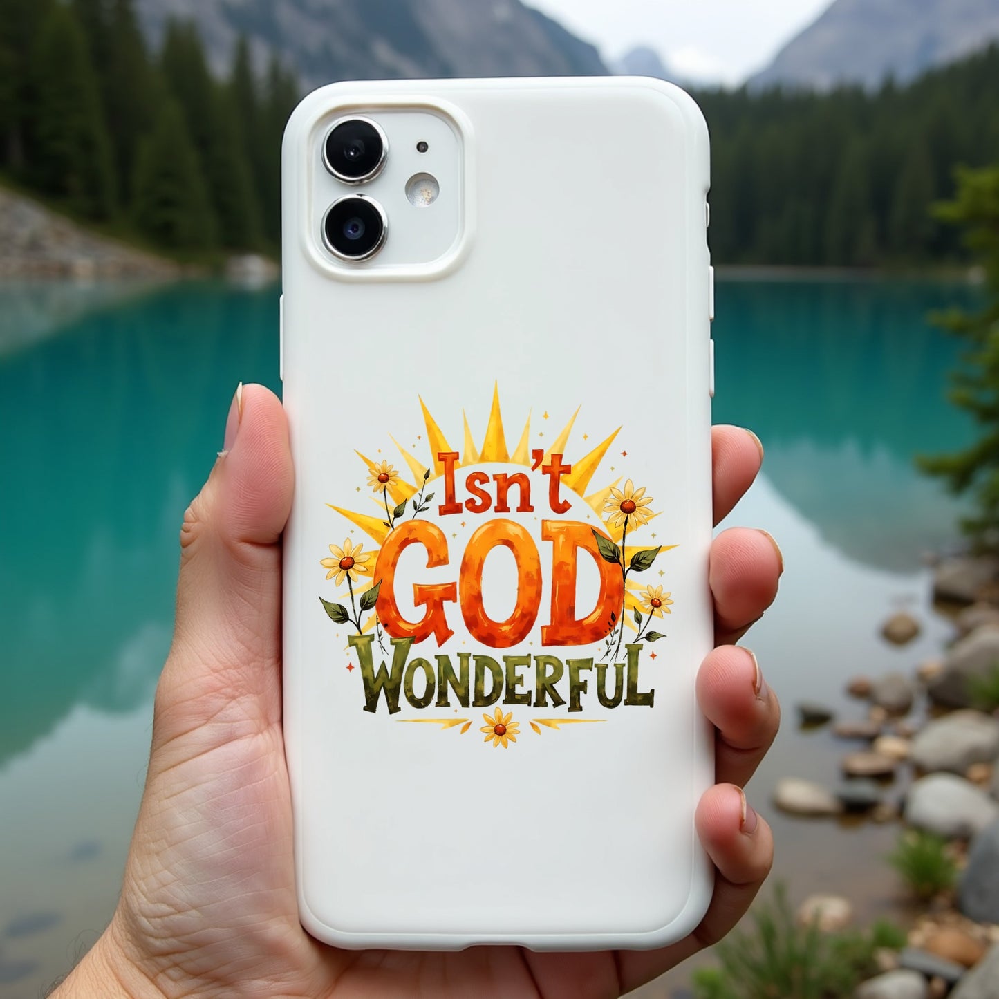 Phone case with 'Isn't God Wonderful' text held in front of a scenic lake and mountains.