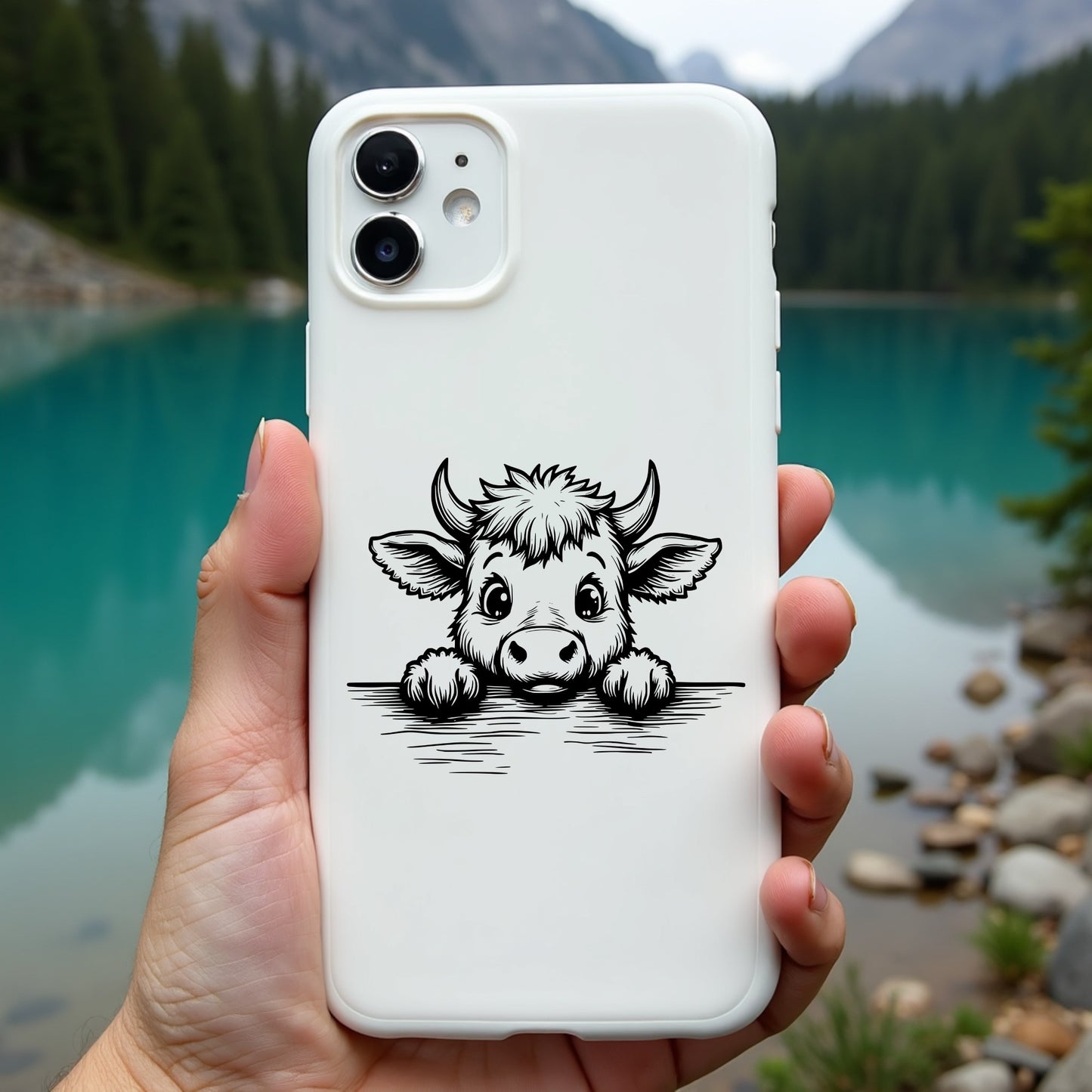 Phone case with a highland cow illustration held by a hand, with a scenic background of a lake and mountains.