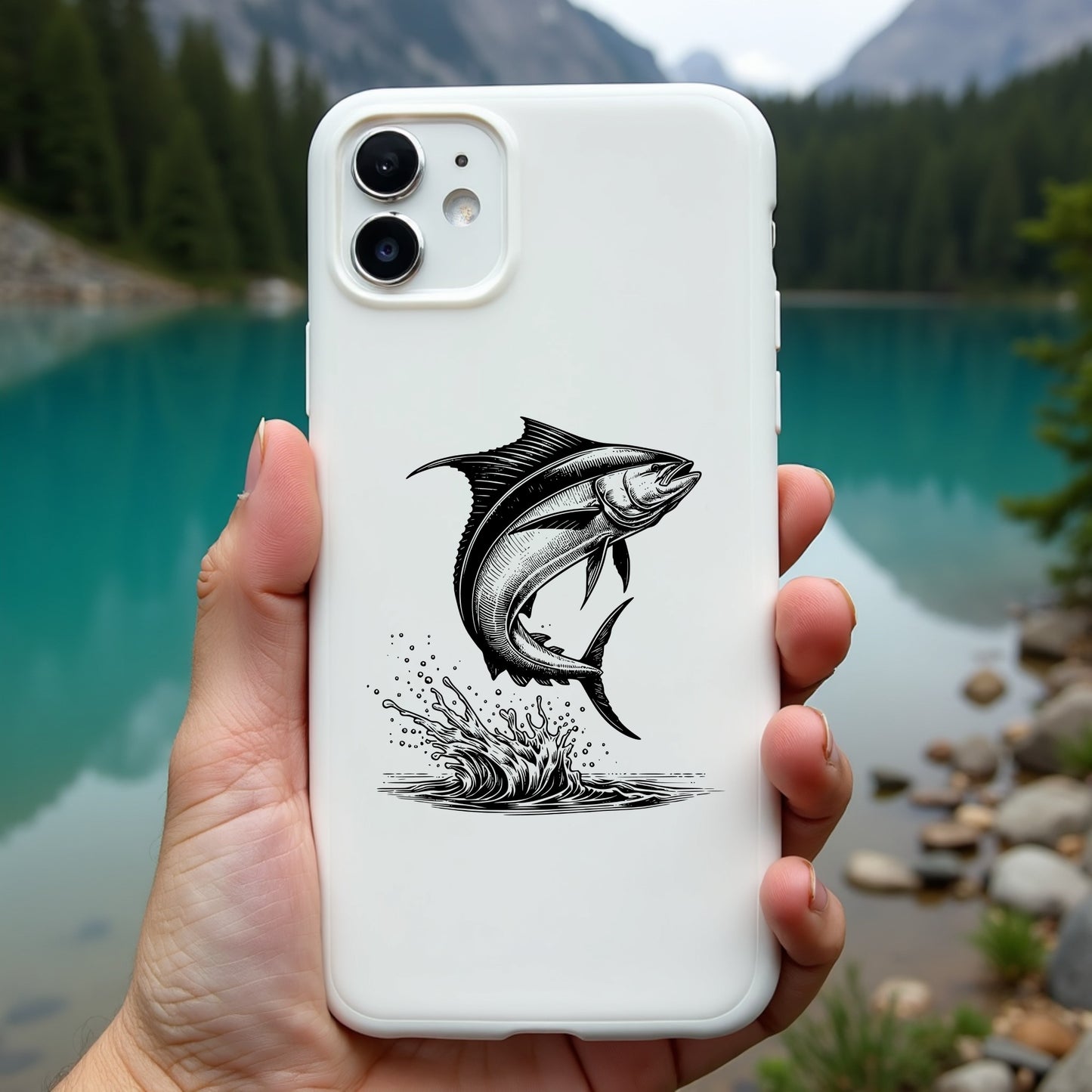 Phone case with fish design held in front of a scenic lake and mountains