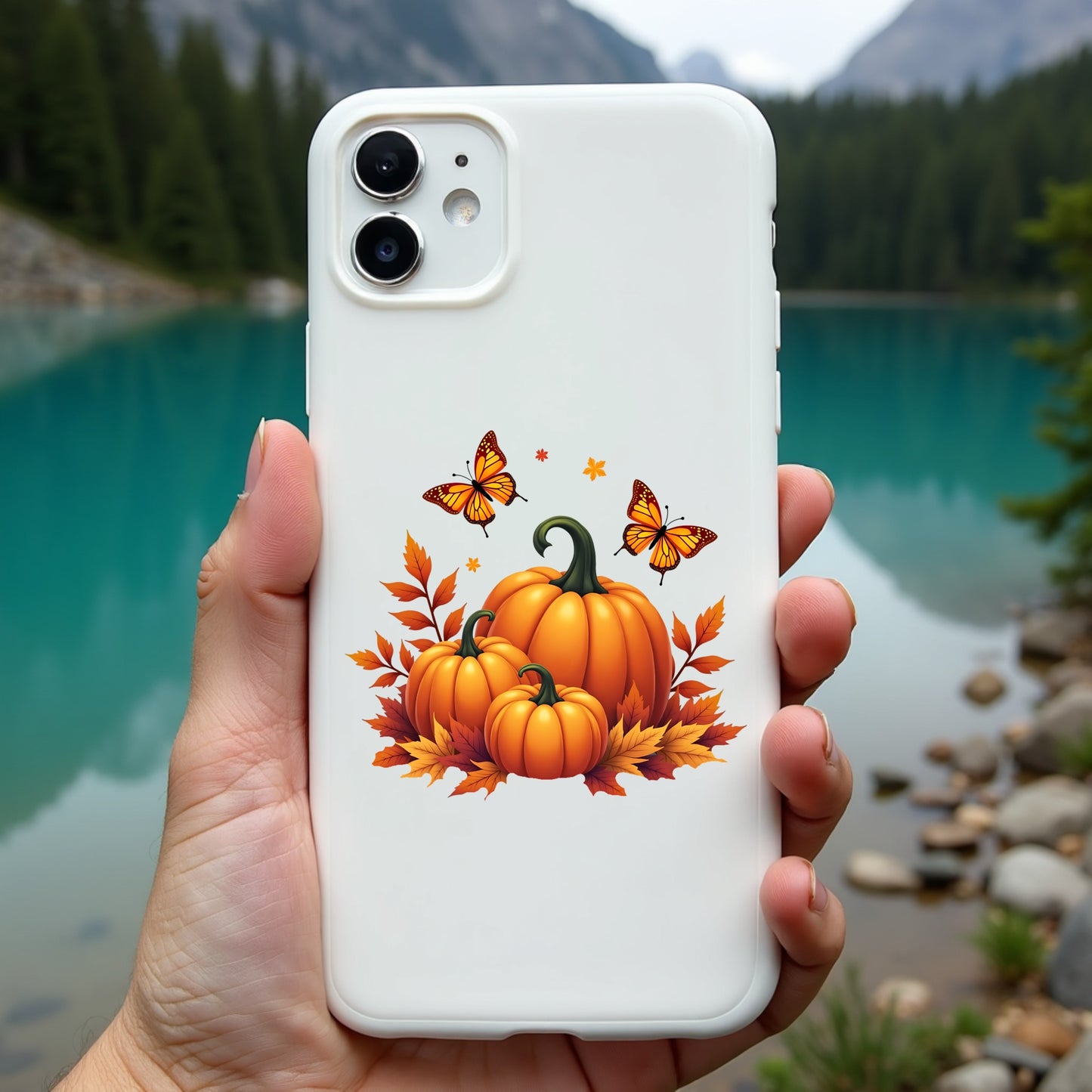 Phone case with pumpkins and butterflies held in front of a scenic lake and mountains.