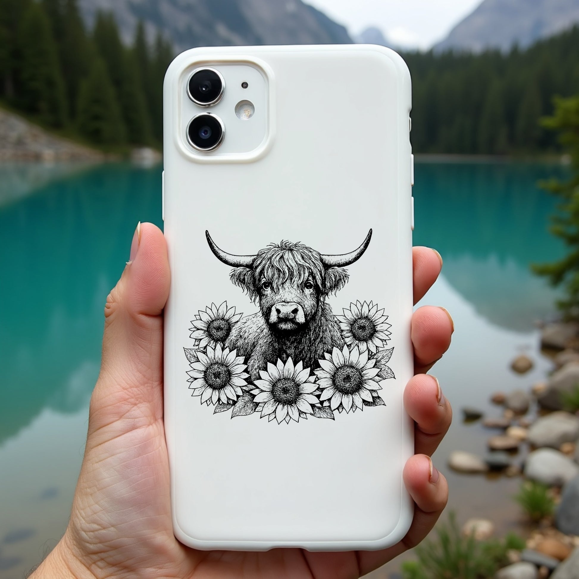 Phone case with a highland cow design held in front of a scenic lake and mountains.