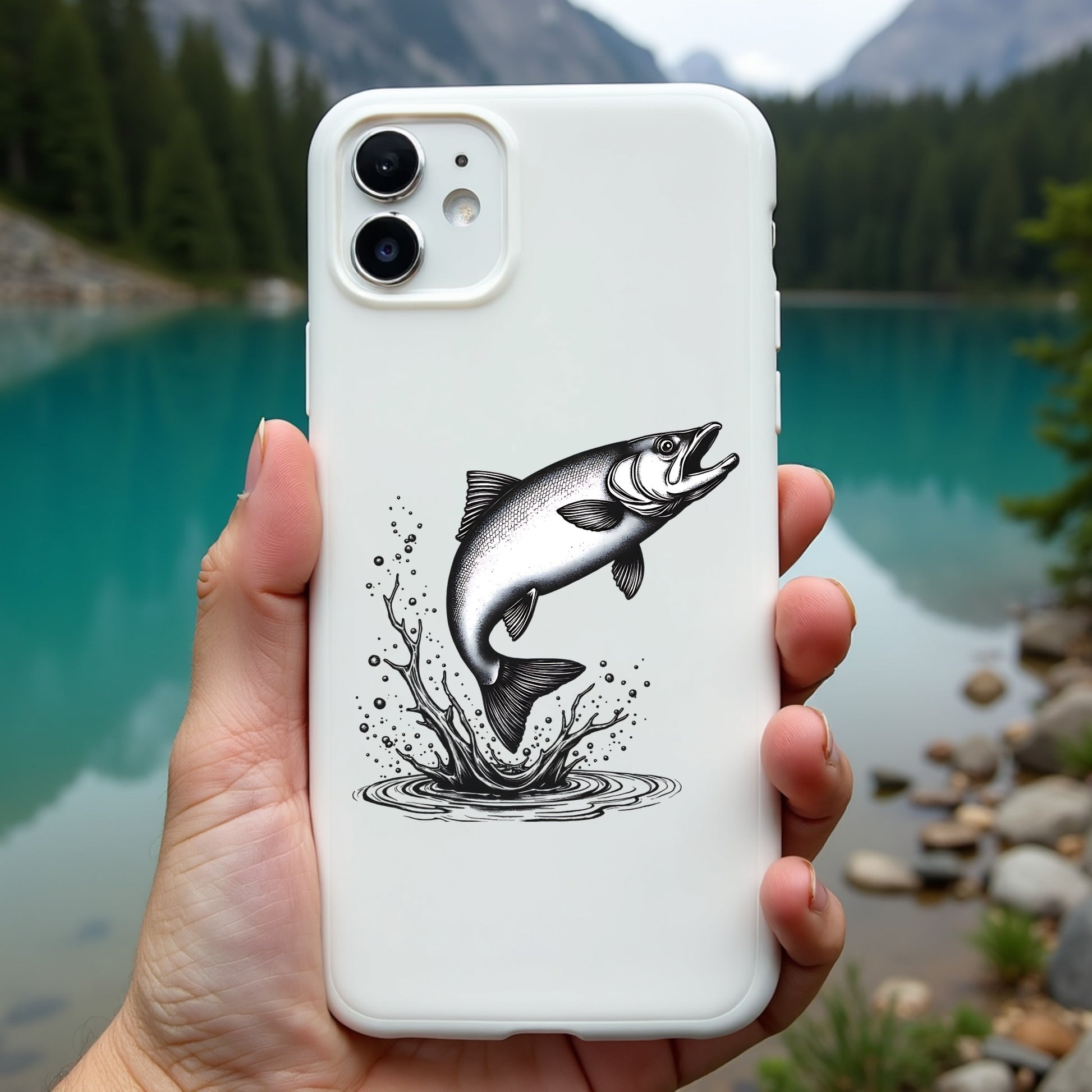 Phone case with salmon fish design held in front of a scenic lake and mountains