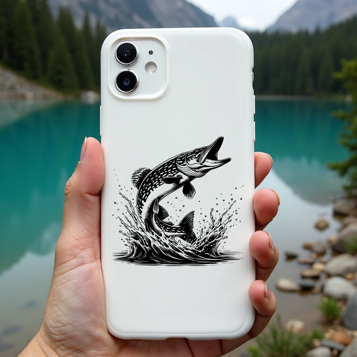 Phone case with pike fish design held in front of a scenic lake and mountains