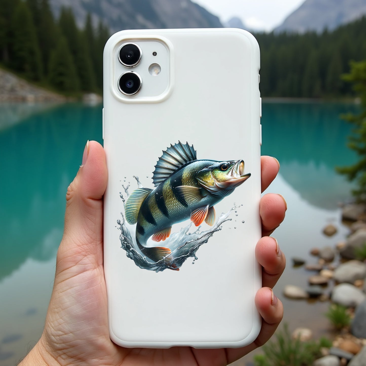 Phone case with a perch design held in front of a scenic lake and mountains.