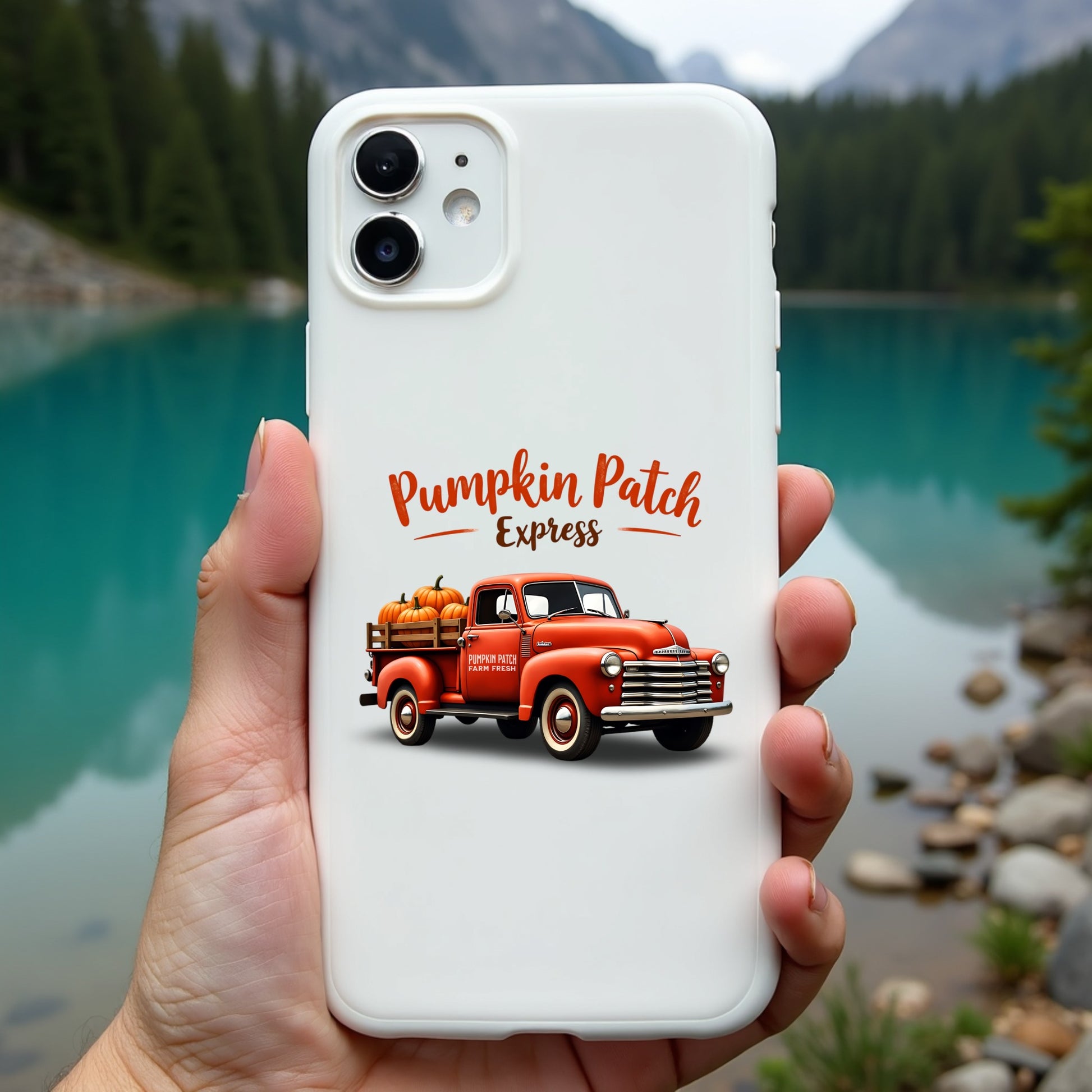 A cell phone cover with the pumpkin patch express truck on it