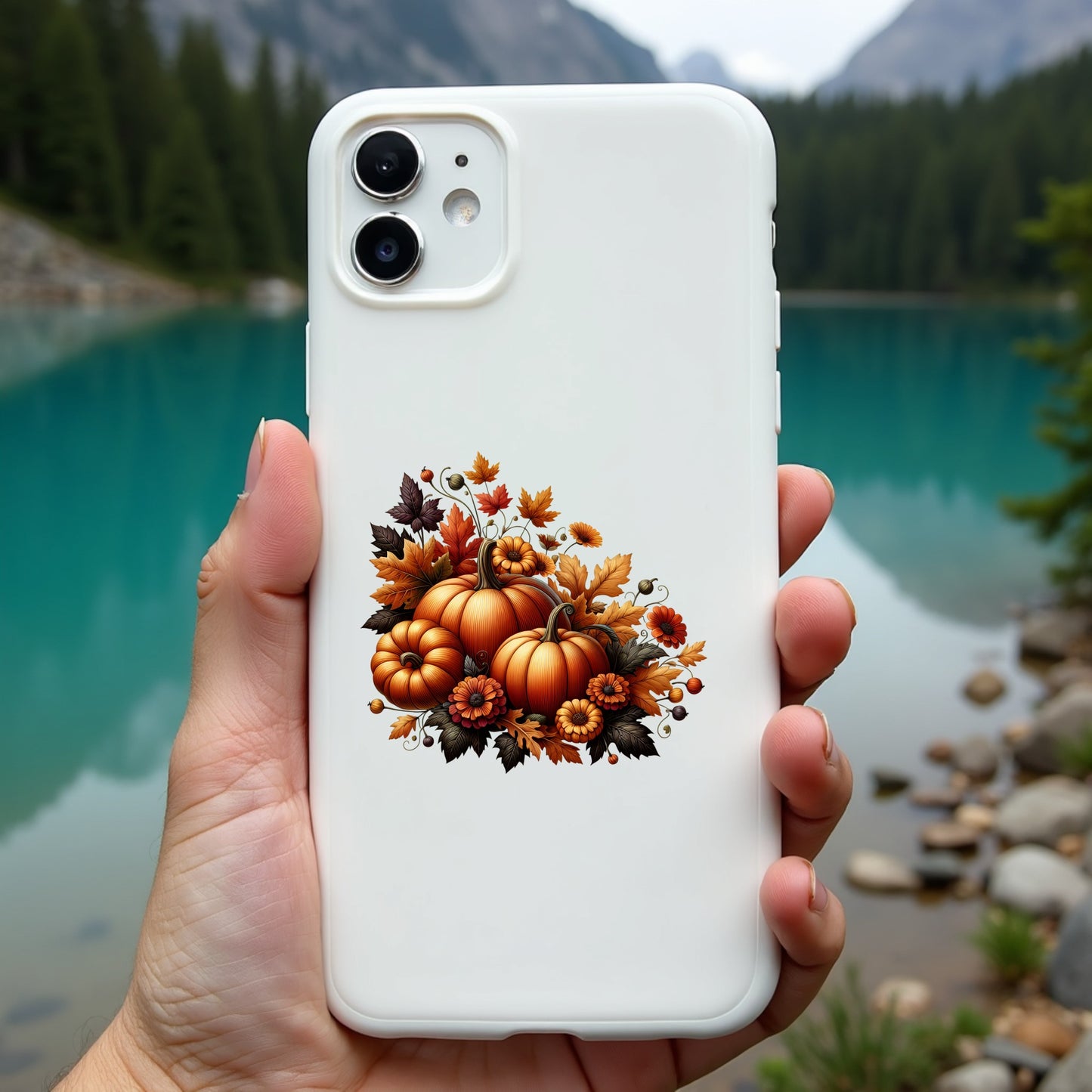 Phone case with autumn design held in front of a scenic lake and mountains