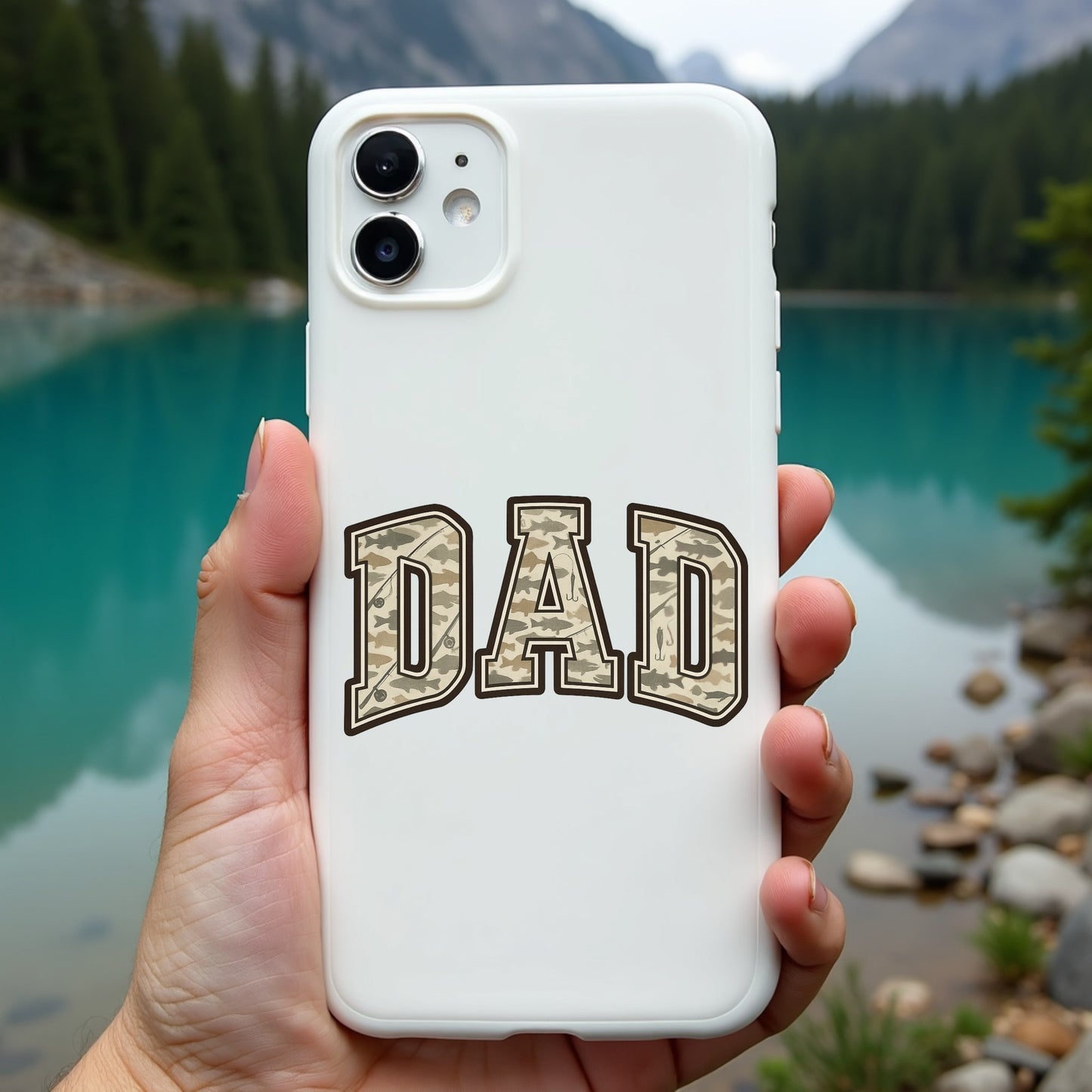 Phone case with 'DAD' text held in front of a scenic lake and mountains