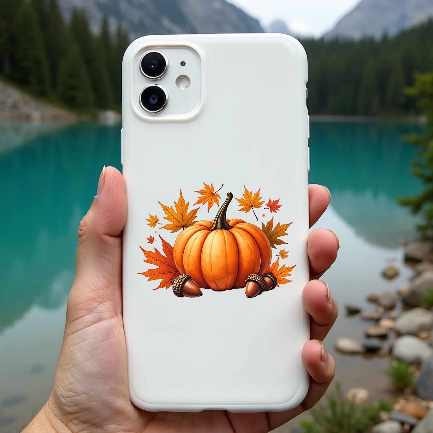 Phone case with pumpkin design held in front of a scenic lake and mountains