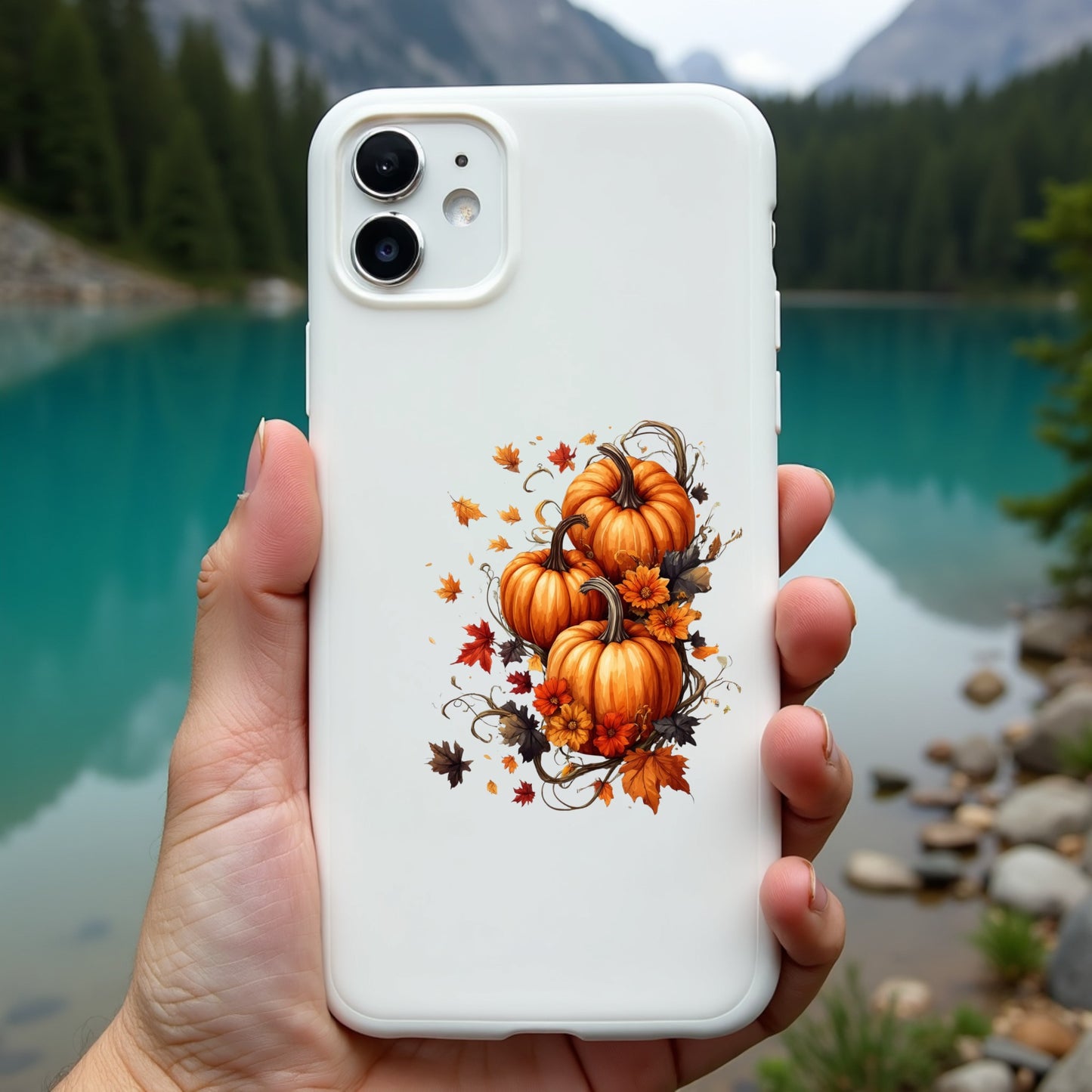 Phone case with pumpkin design held in front of a scenic lake and mountains