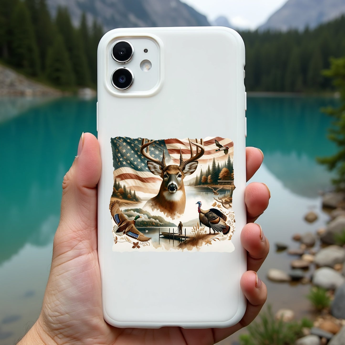 Phone case with nature-themed design held in front of a scenic lake and mountains