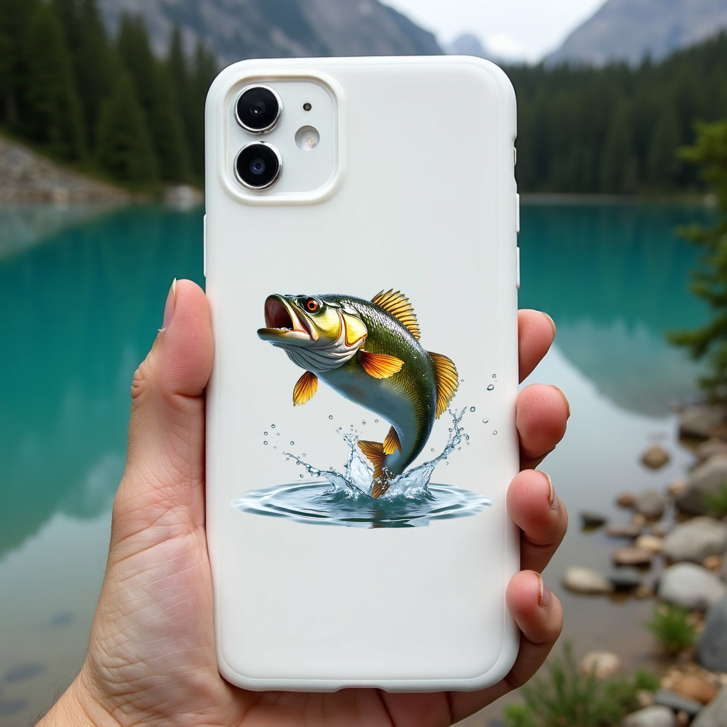Phone case with a bass fish jumping design held in front of a scenic lake.