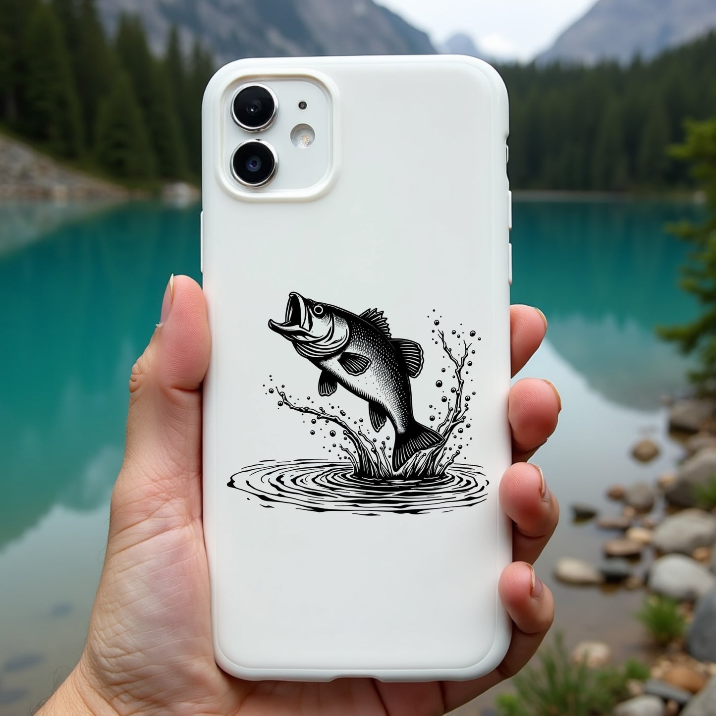 Phone case with fish design held in front of a scenic lake and mountains