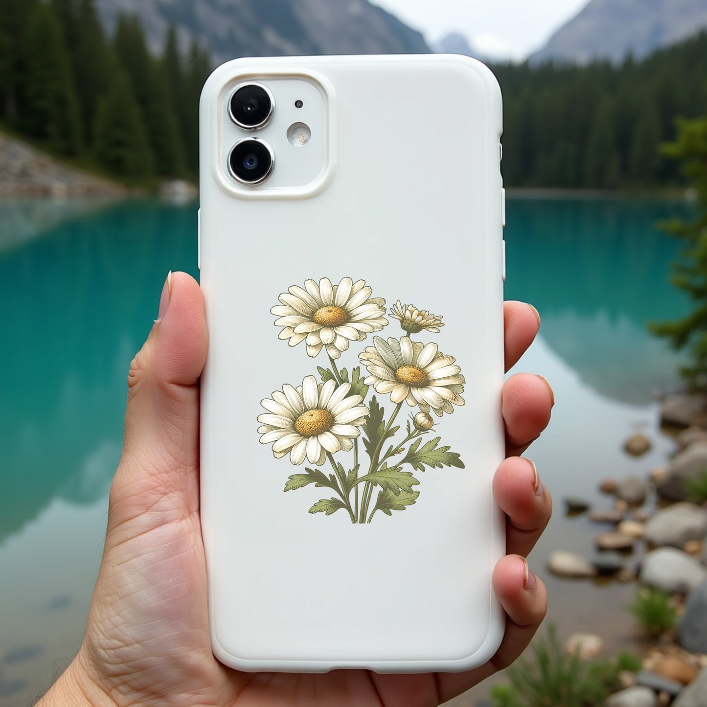 Phone case with daisy design held in front of a scenic lake and mountains