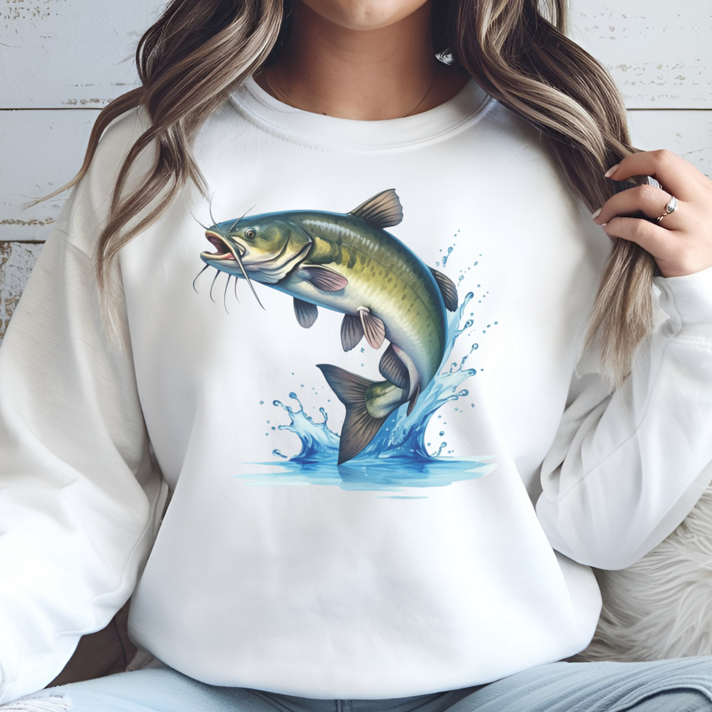 Channel Cat Fish PNG digital design on a woman's white sweatshirt