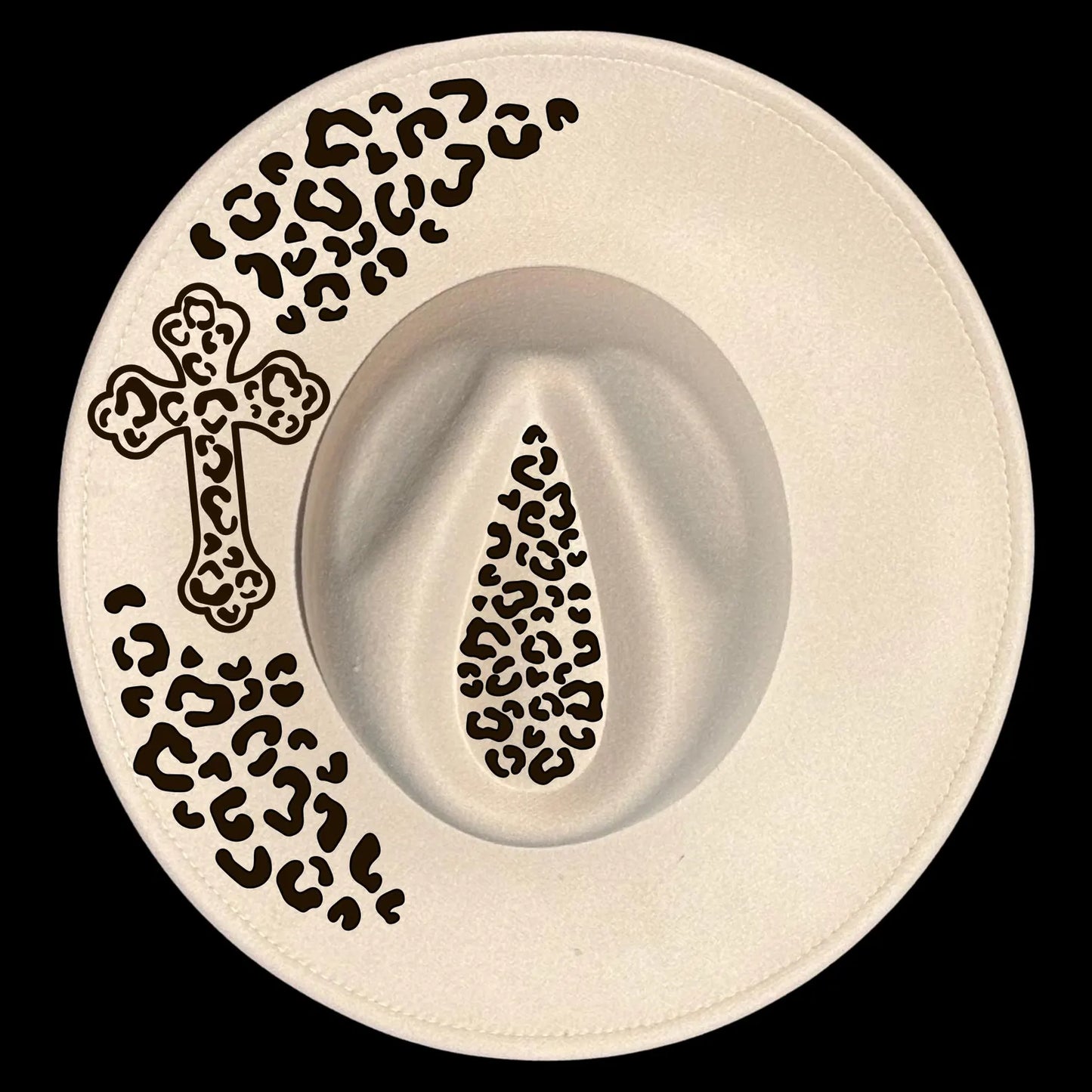 Wide brim hat with black leopard print designs on a black background