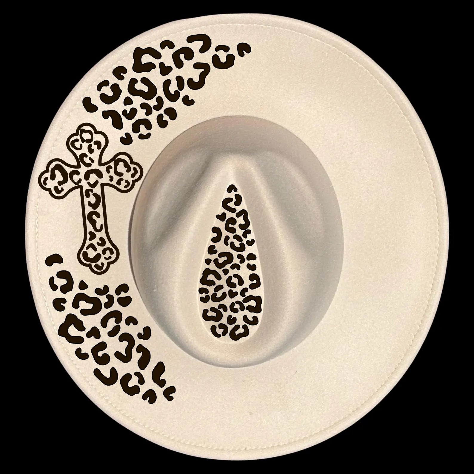 Wide brim hat with black leopard print designs on a black background