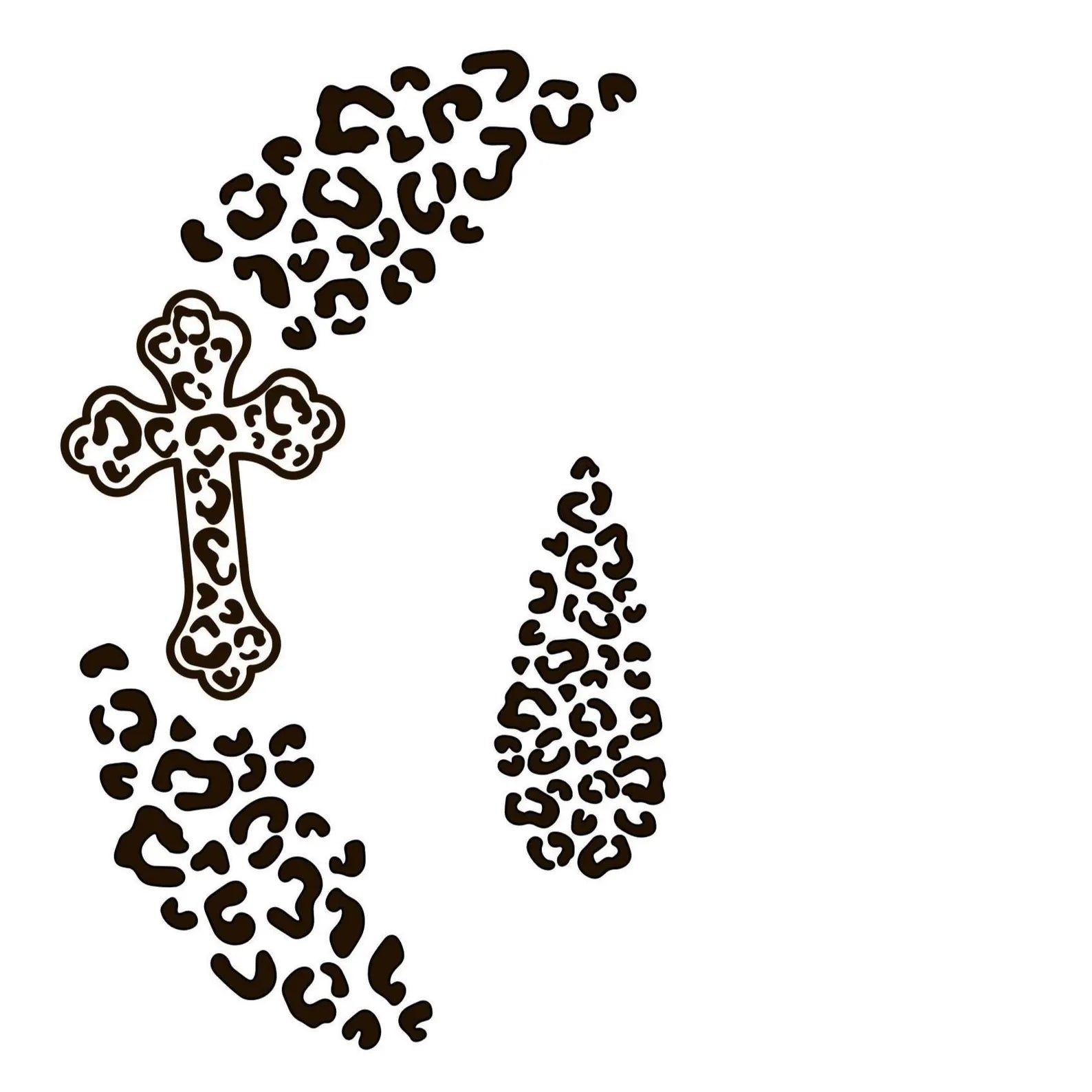 Leopard print cross hat burning design on a white background