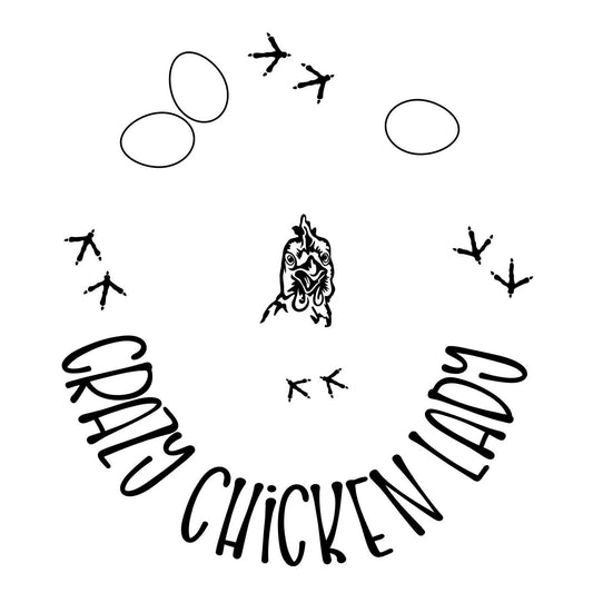 Black and white design with 'Crazy Chicken Lady' text and chicken-related icons on a white background