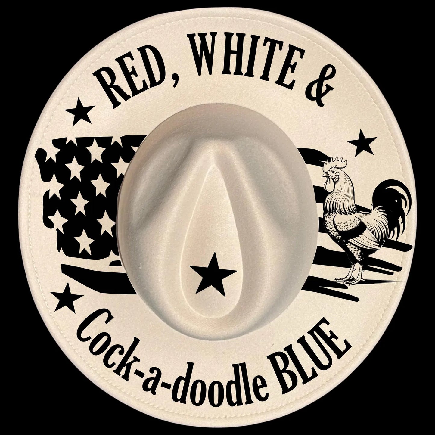 Cockadoodle Blue burned hat burning design on a wide brim hat