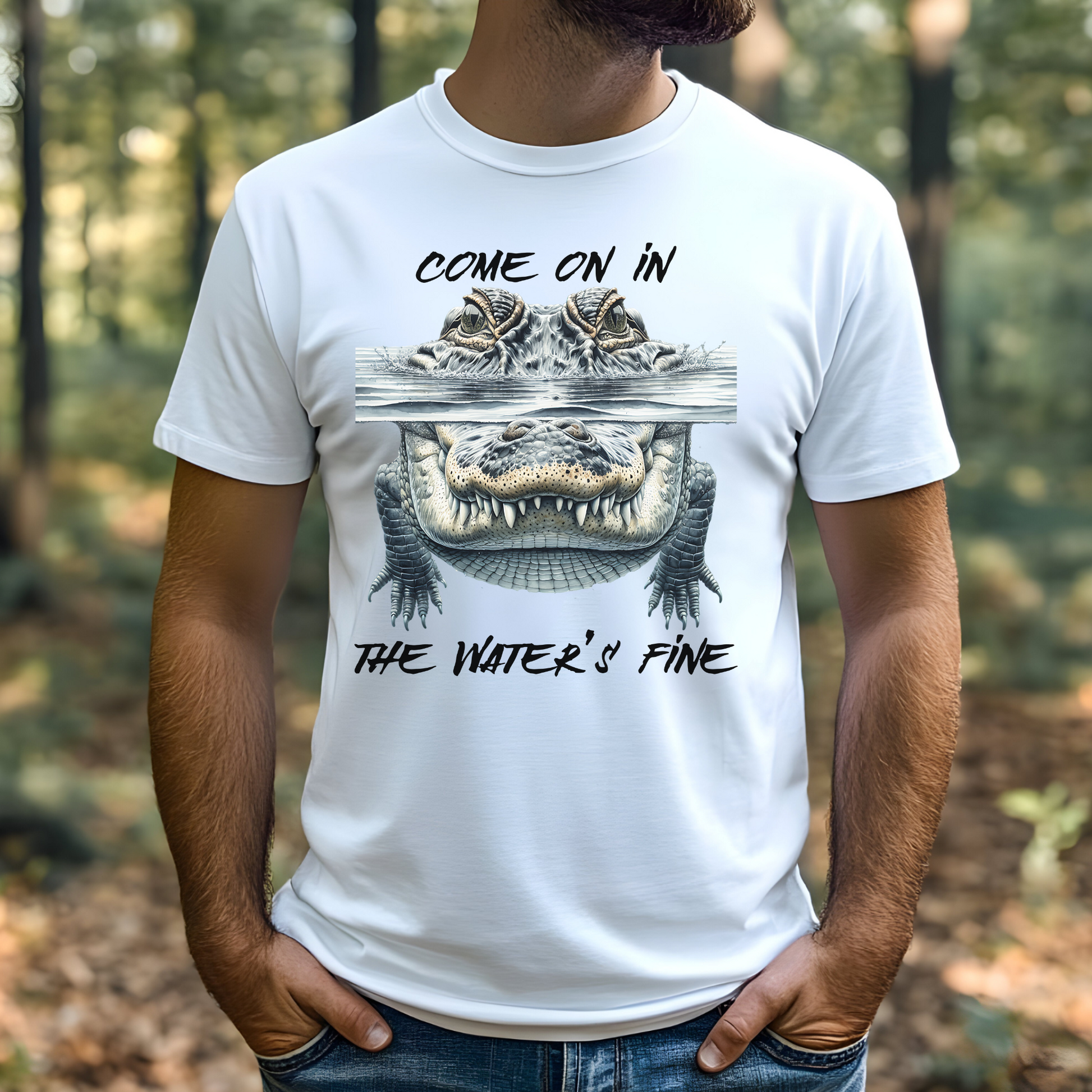 Come On In The Water's Fine funny alligator / crocodile digital design on a man's what t-shirt