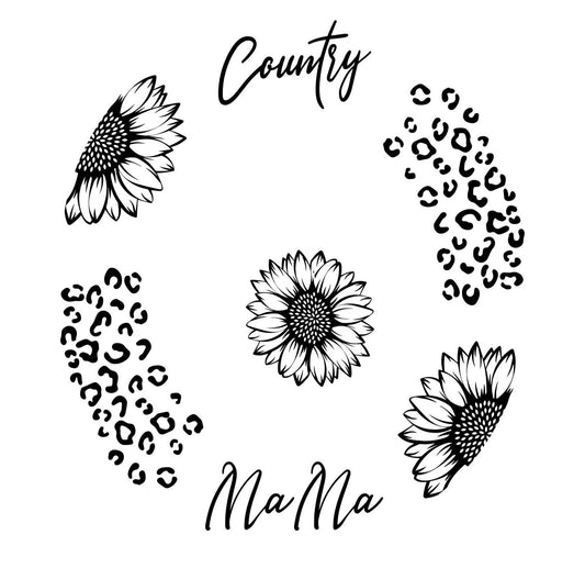 Black and white design with sunflowers and leopard print patterns on a white background.