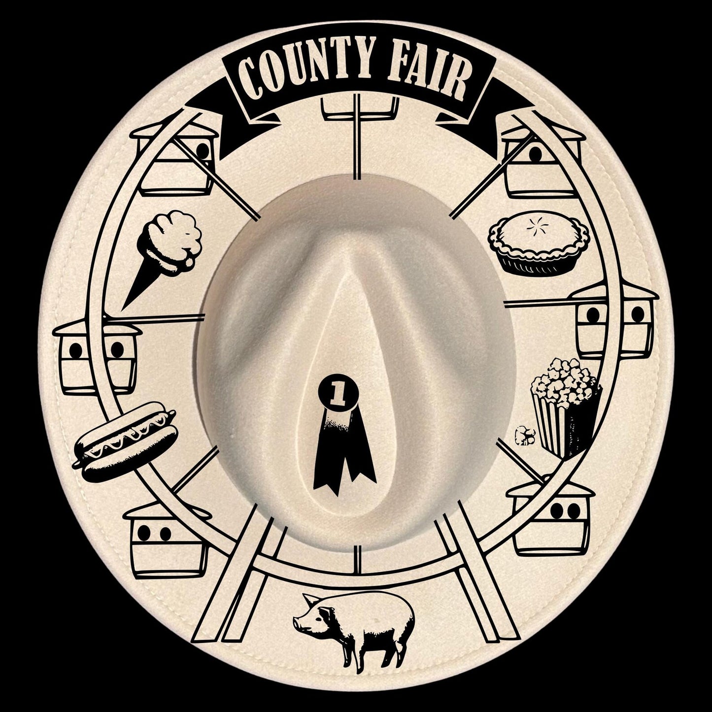 Wide brim hat with county fair illustrations and a central emblem.