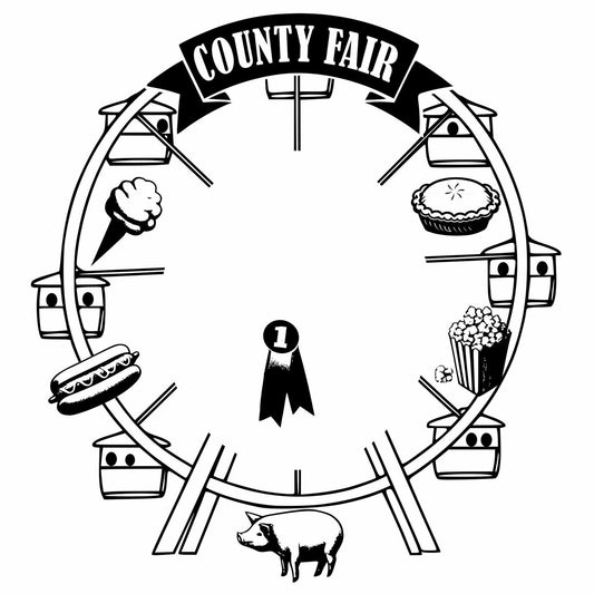 Black and white illustration of a county fair ferris wheel with various fair food and activities depicted.