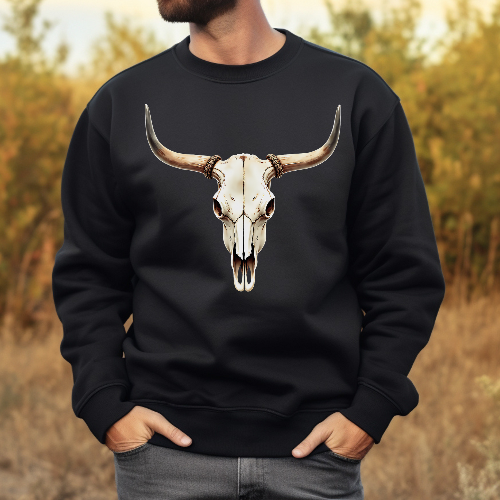 Bull Skull With Horns PNG digital design on a man's black sweatshirt