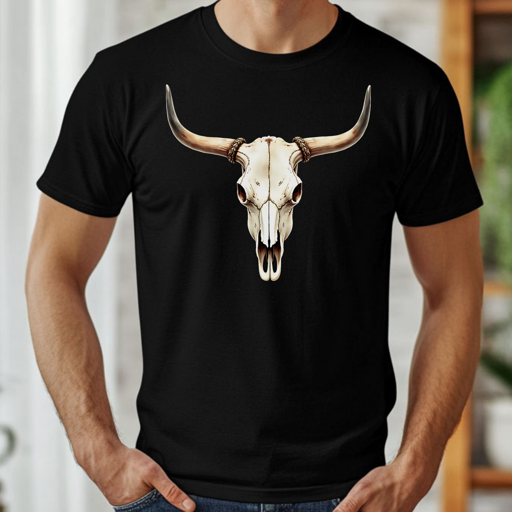 Bull Skull With Horns PNG digital design on a man's black t-shirt
