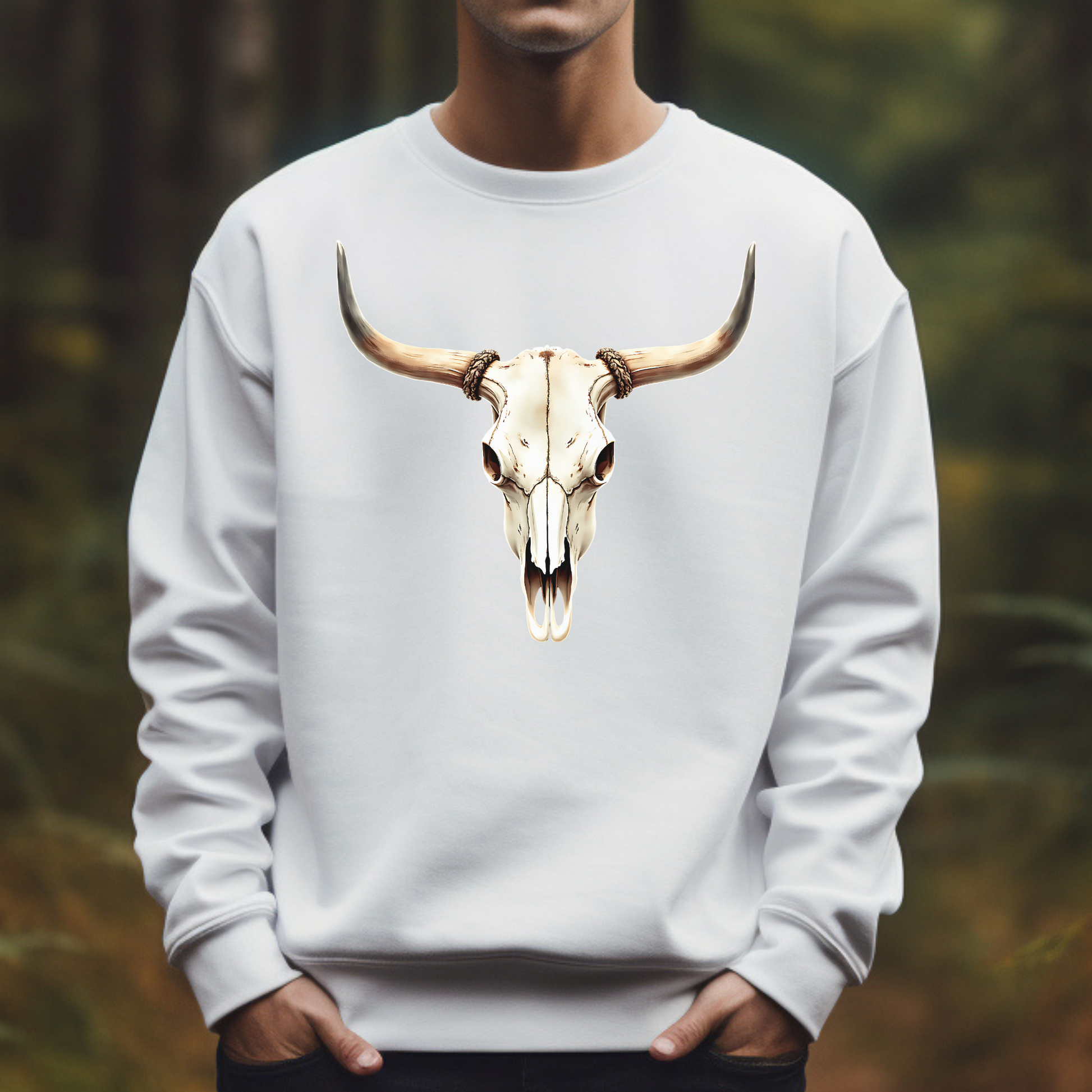 Bull Skull With Horns PNG digital design on a man's white sweatshirt