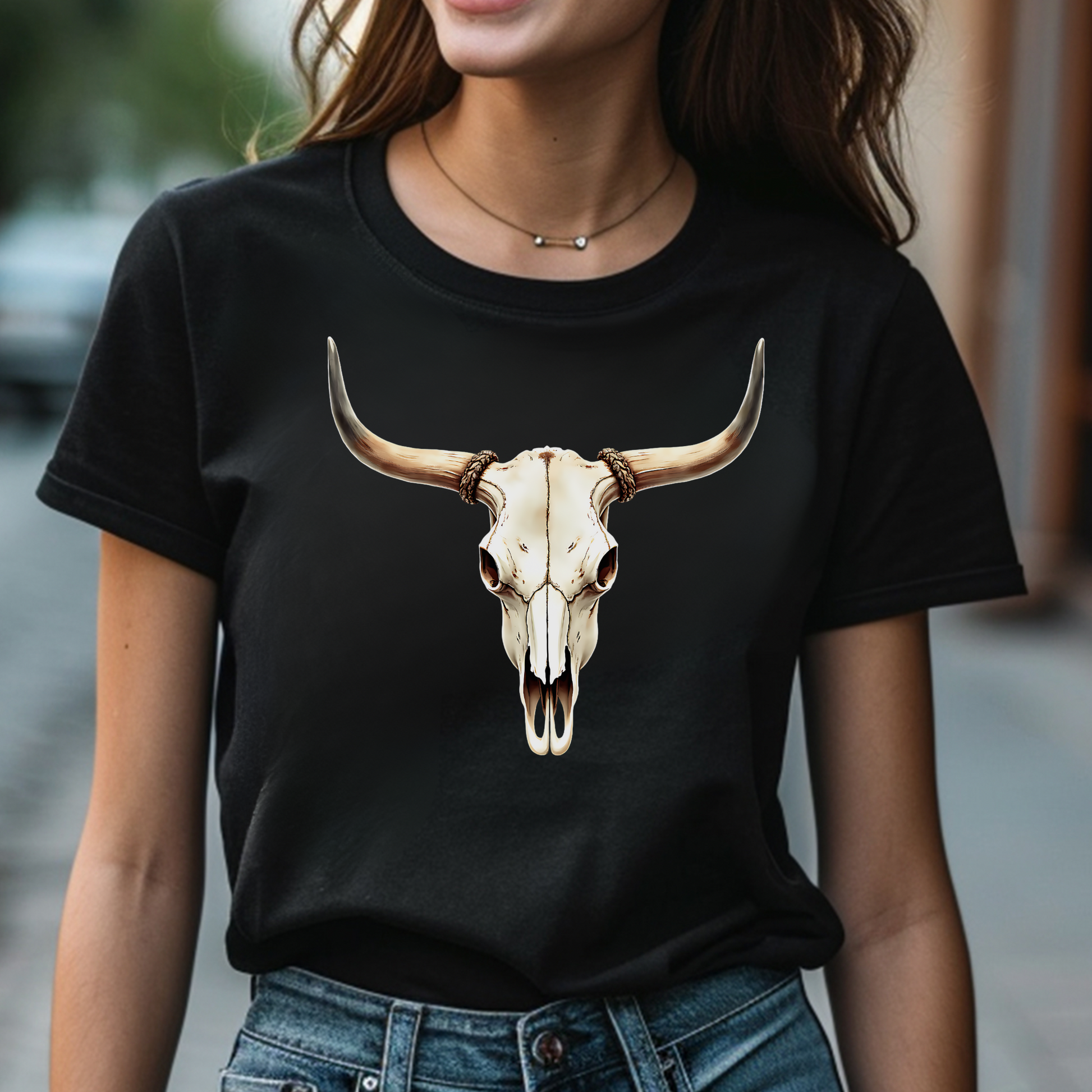 Bull Skull With Horns PNG digital design on a woman's black t-shirt