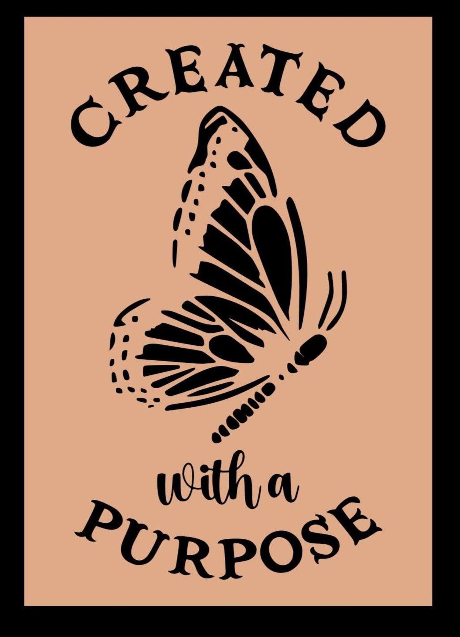 Butterfly illustration with 'Created with a Purpose' text on a beige background