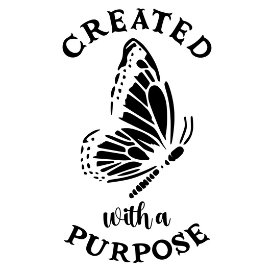 Black butterfly illustration with 'Created with a Purpose' text on a white background
