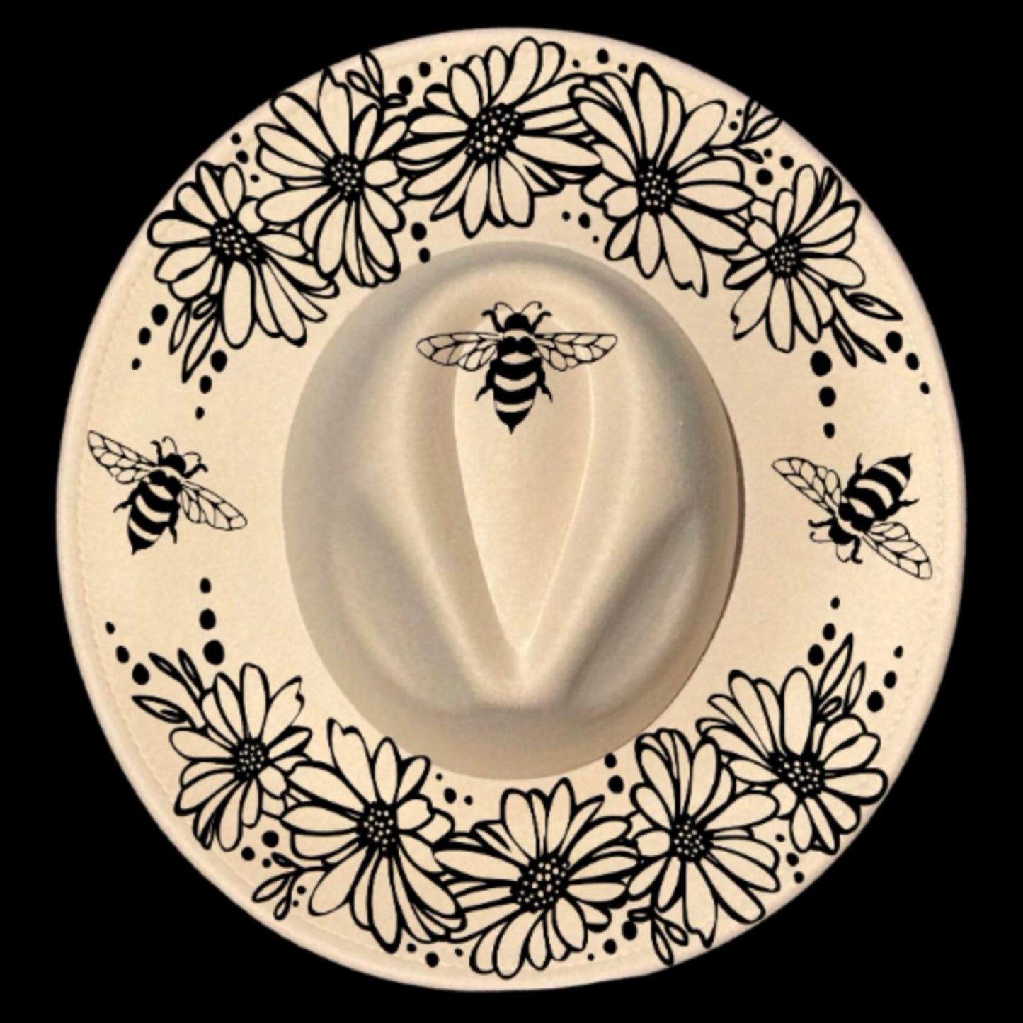 Daisy and Bee burned hat burning design on a wide brim hat.