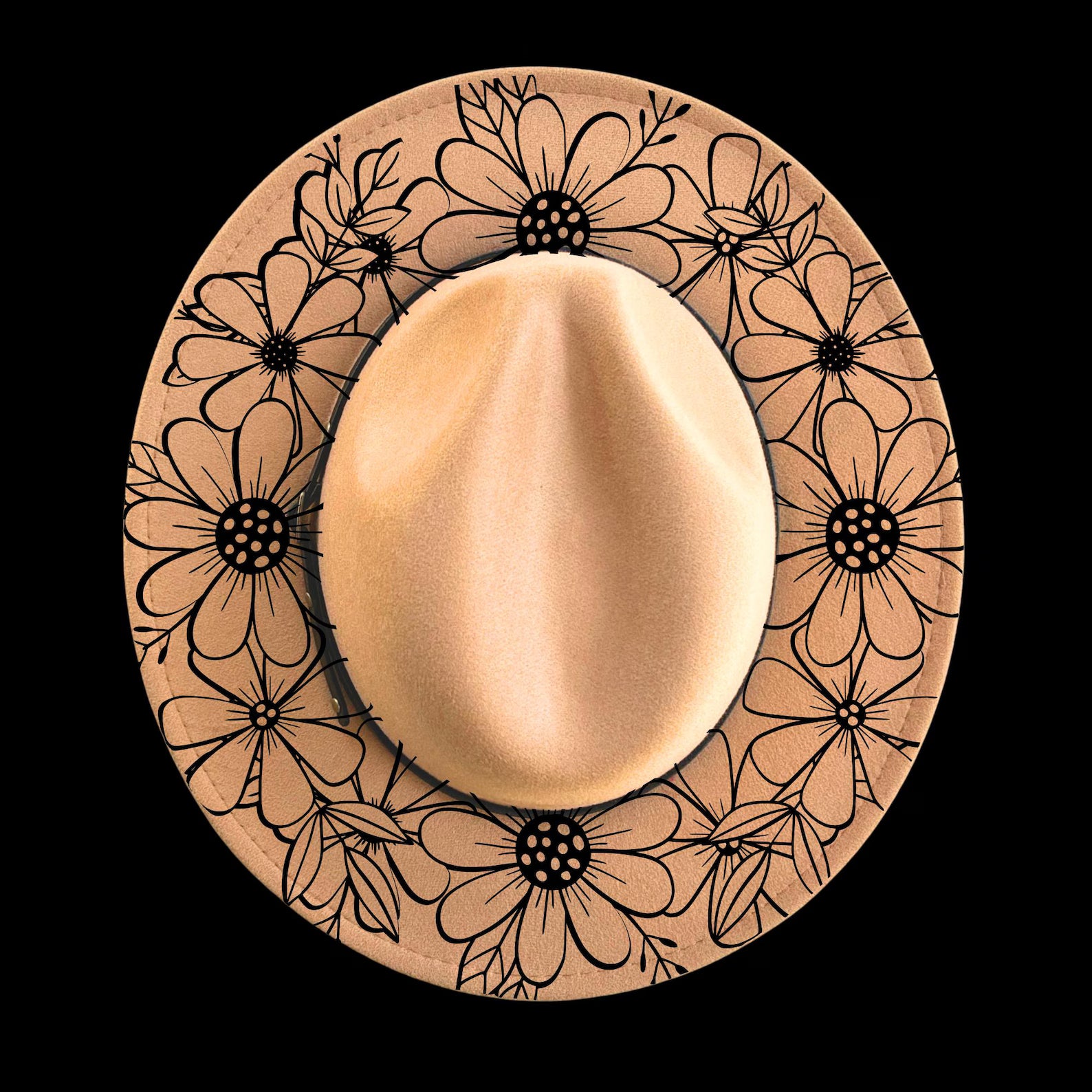 Narrow brim hat with black floral daisy patterns on a black background