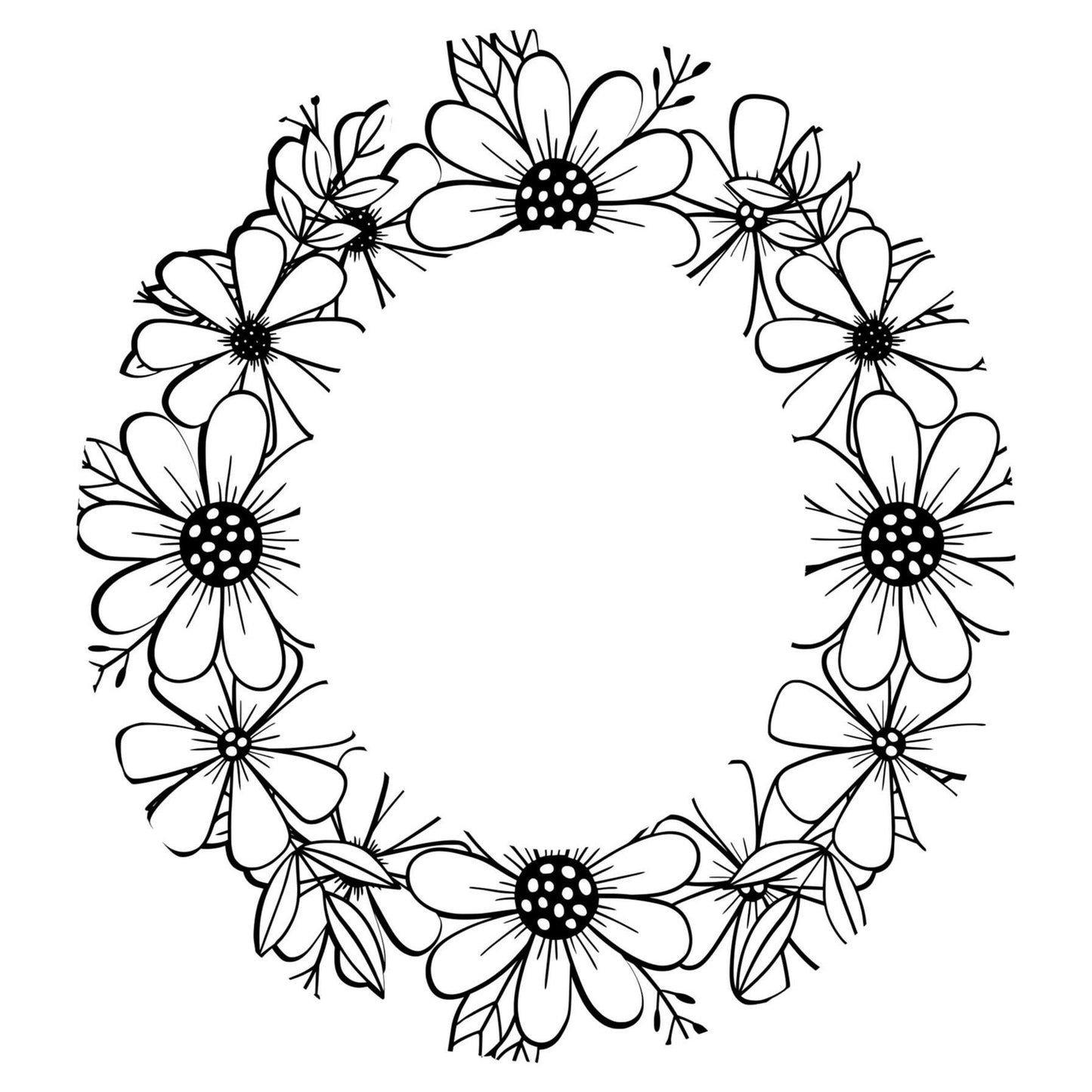 Black daisy floral wreath design on a white background