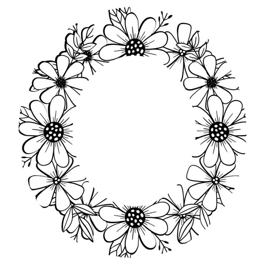 Black daisy floral wreath design on a white background