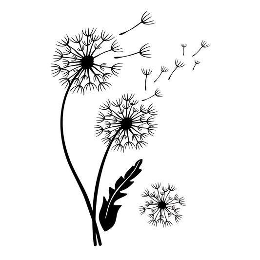 Black and white illustration of dandelions with seeds blowing away on a white background