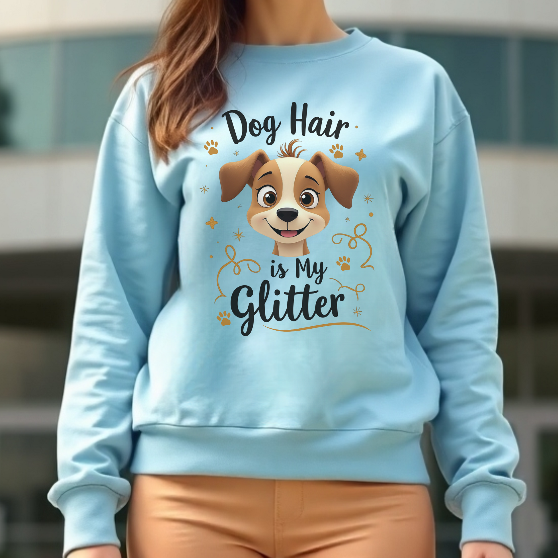 Dog Hair Is My Glitter digital design on a blue sweatshirt