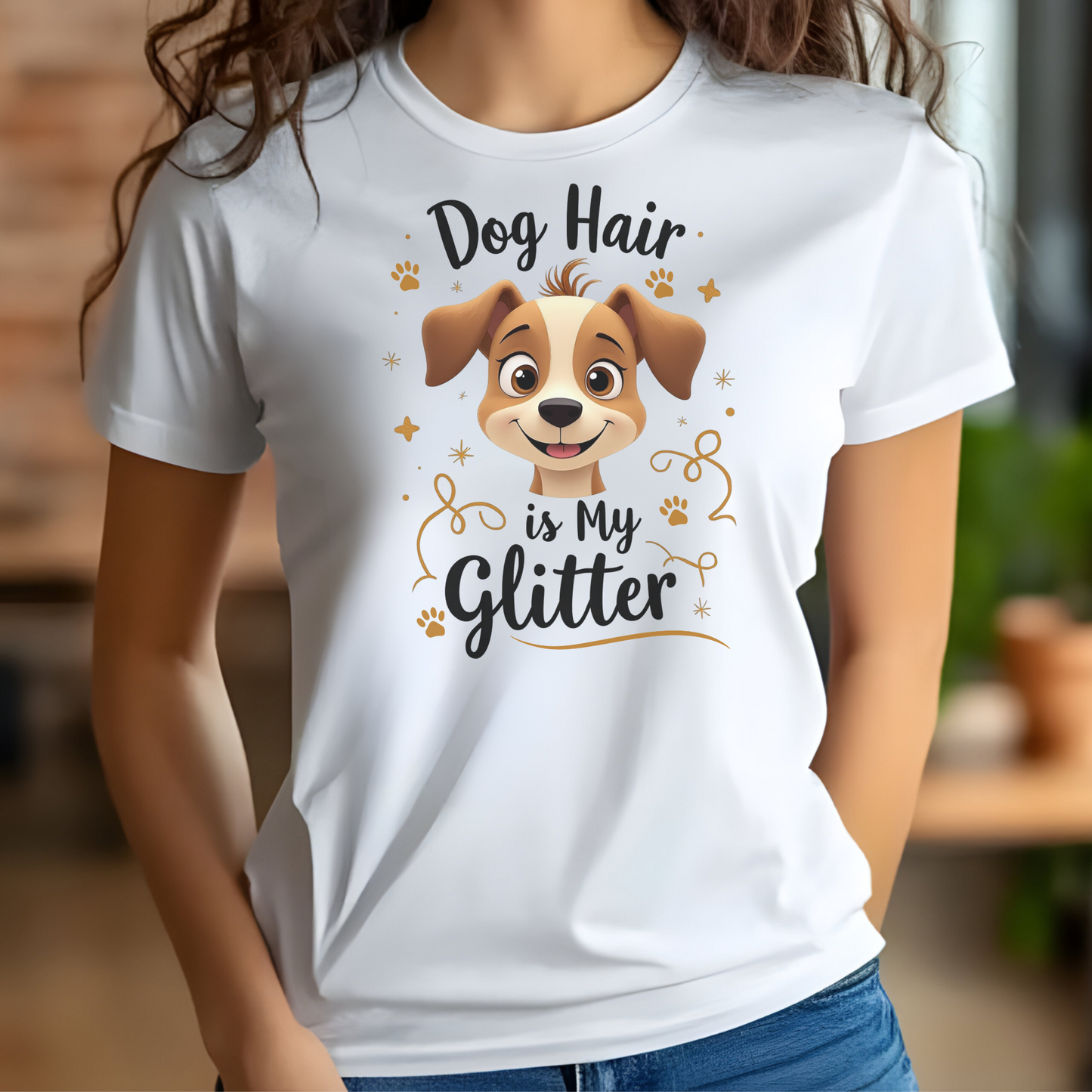 Dog Hair Is My Glitter digital design on a woman’s white t-shirt