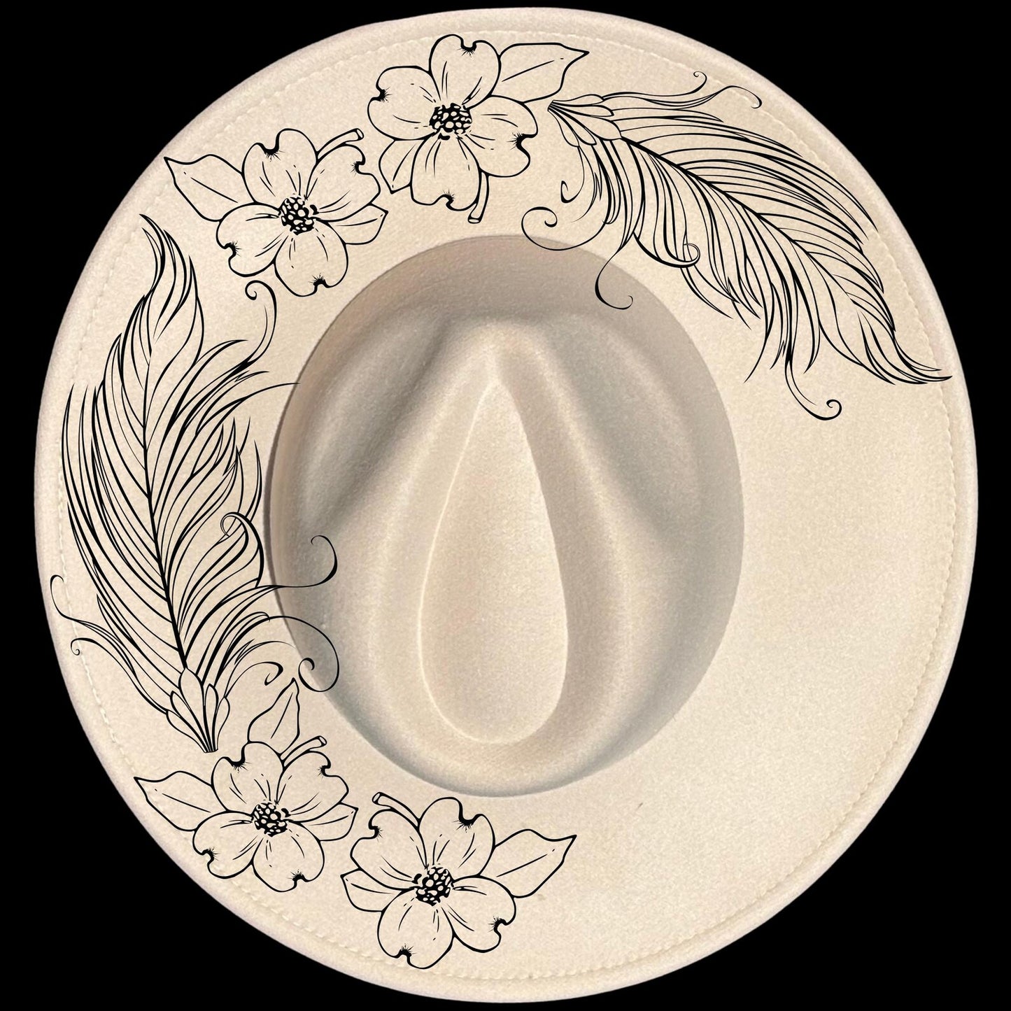 Dogwood And Feathers burned hat burning design on a wide brim hat