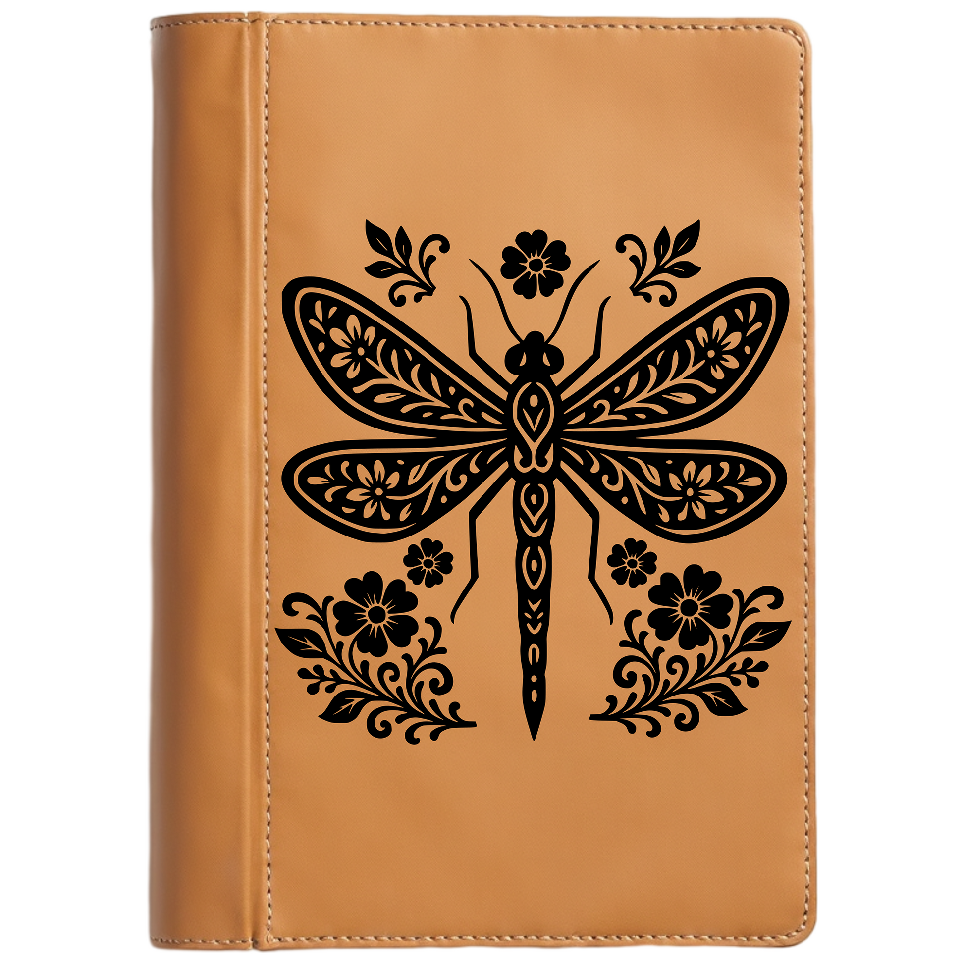 Brown leather journal with black dragonfly and floral design