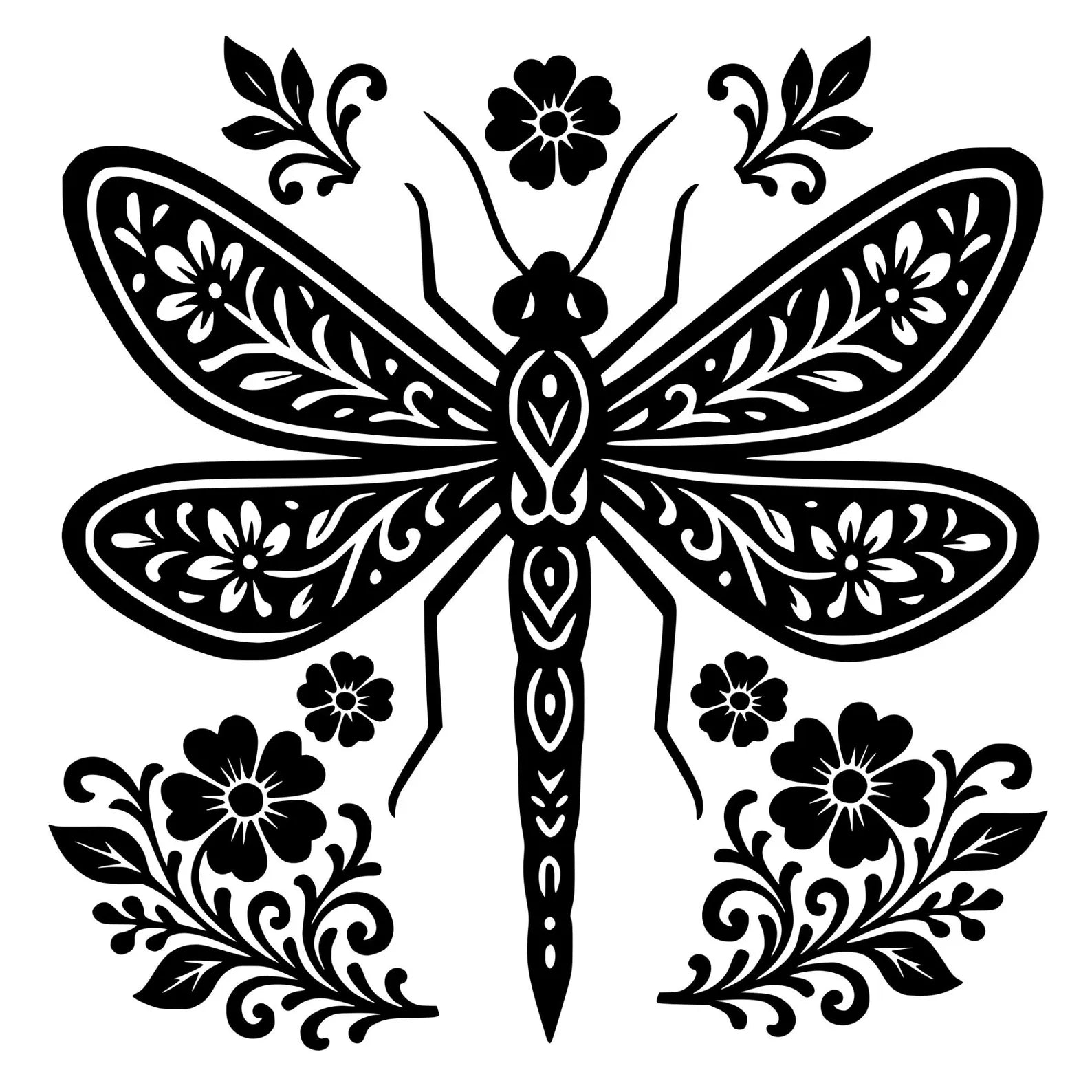 Decorative black dragonfly with floral patterns on a white background