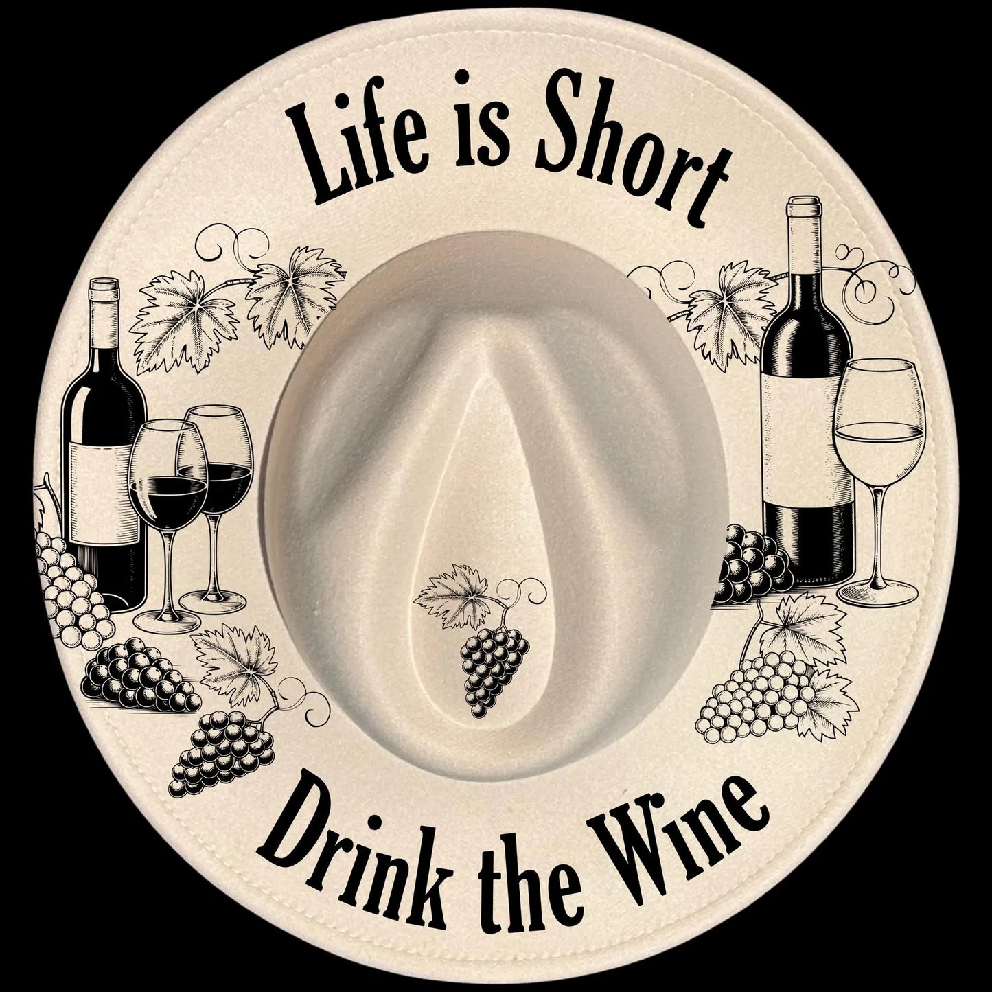 Wide Brim Hat with wine-themed design and text 'Life is Short, Drink the Wine' on a black background