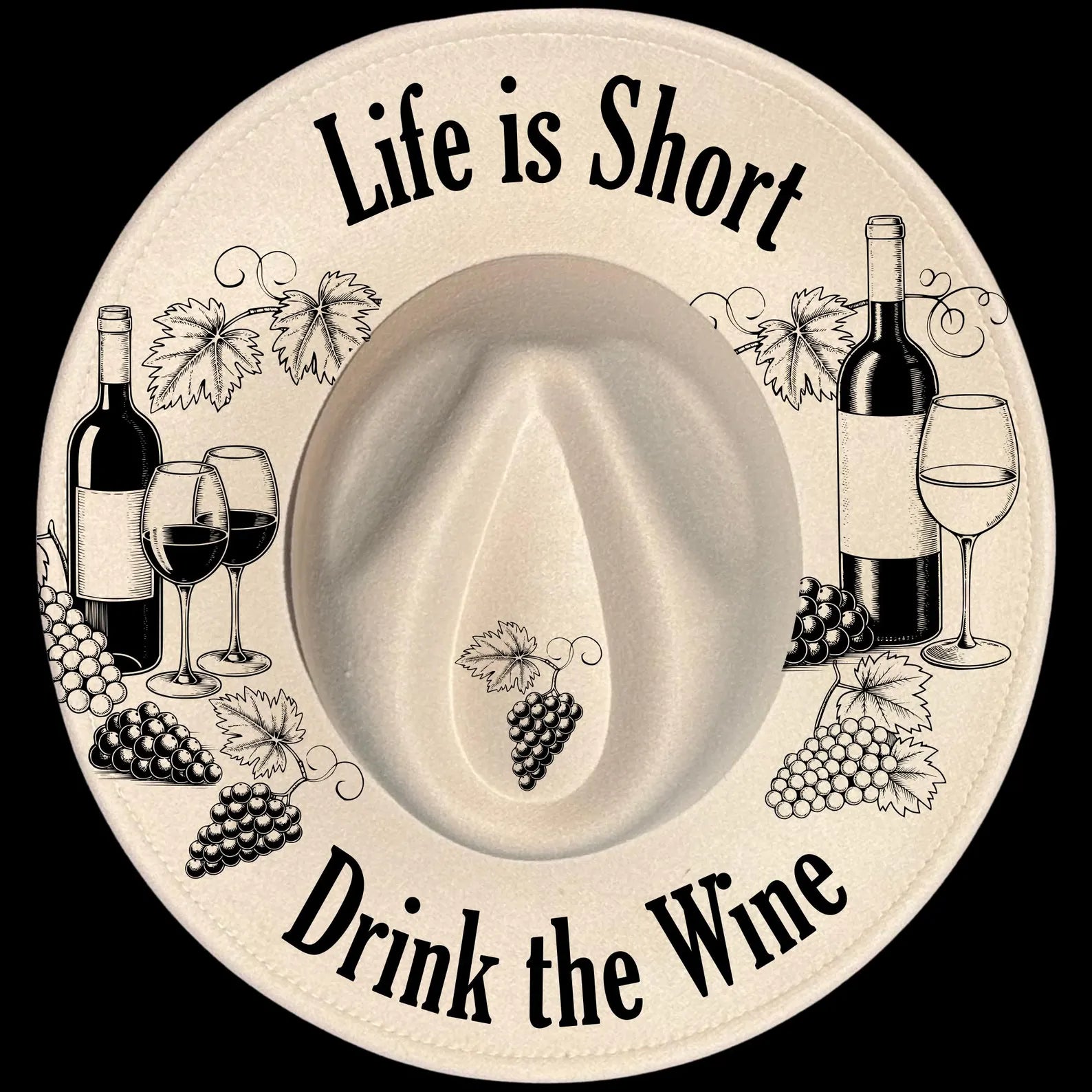 Wide Brim Hat with wine-themed design and text 'Life is Short, Drink the Wine' on a black background