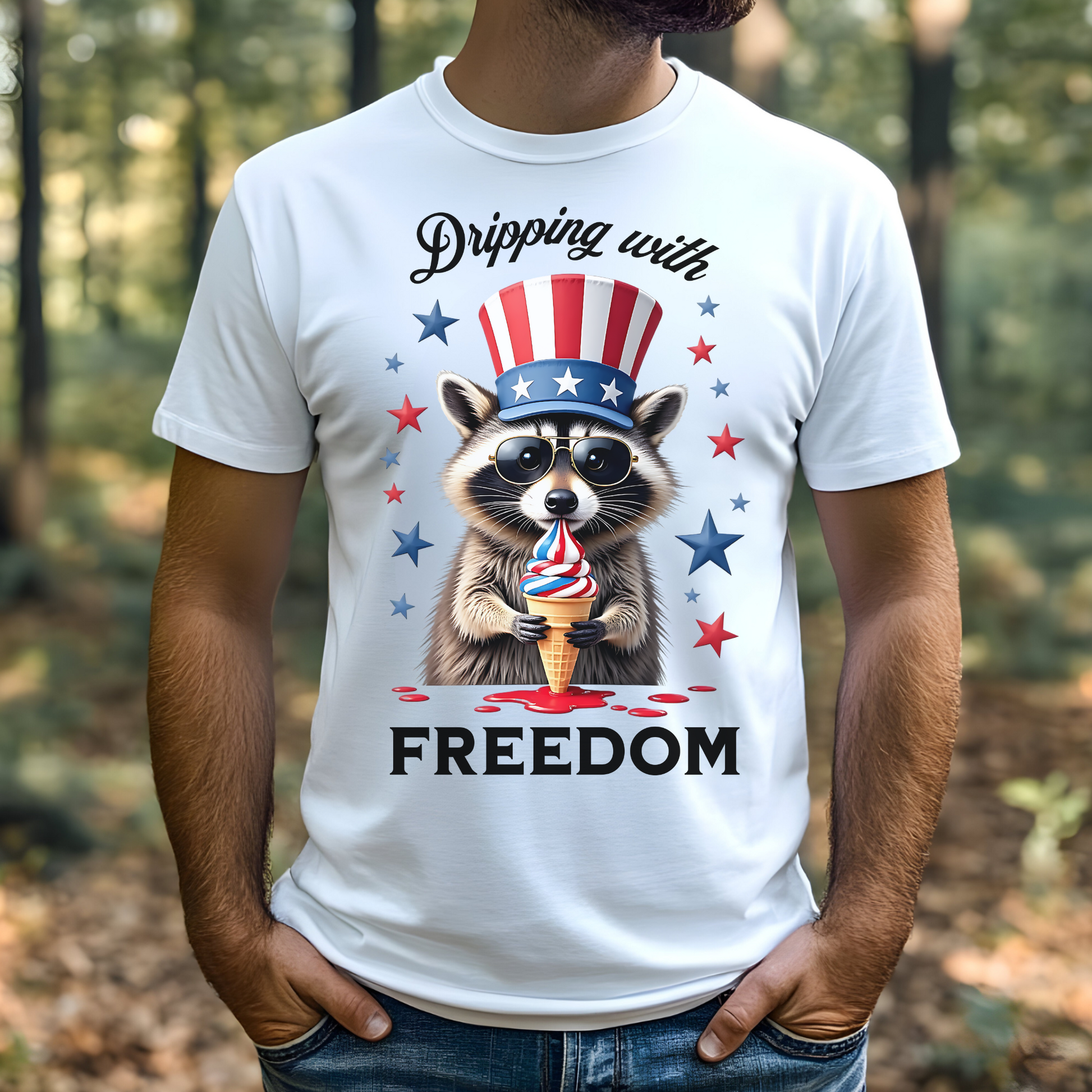 Dripping With Freedom Patriotic July 4th Raccoon design on a man's t-shirt