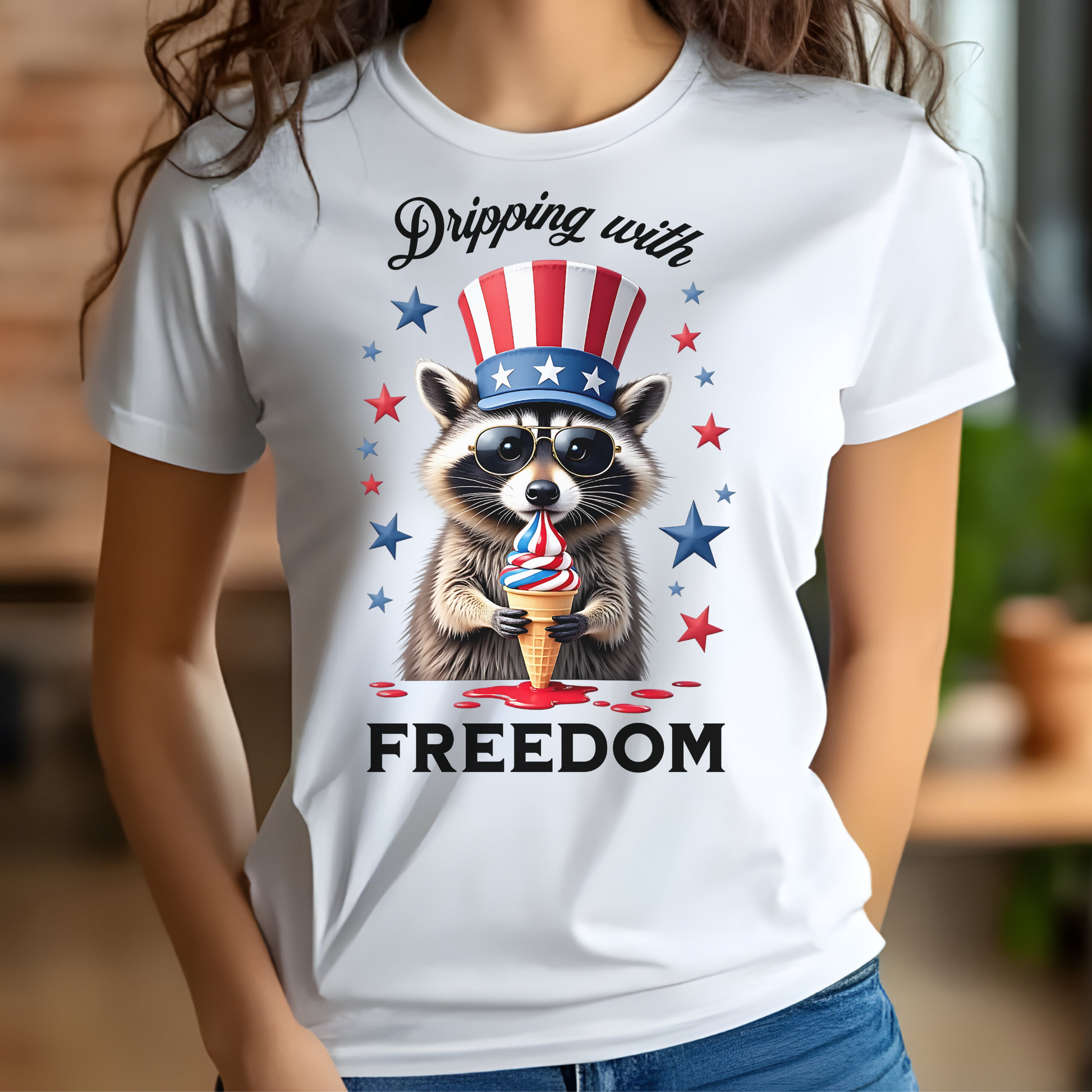 Dripping With Freedom Patriotic July 4th Raccoon design on a woman's white t-shirt