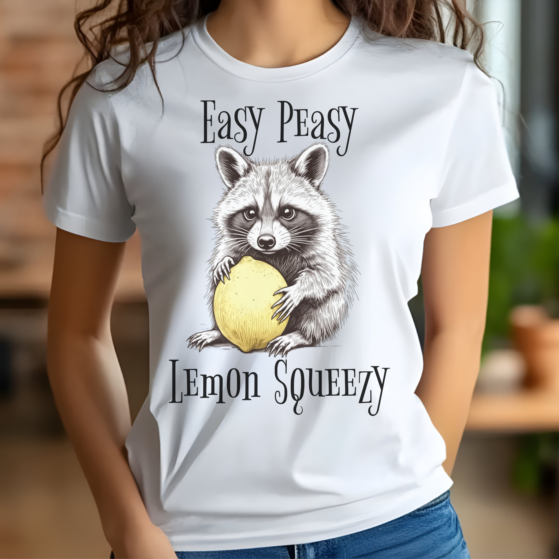 Easy Peasy Lemon Squeezy raccoon holding a lemon digital design on a woman's white t-shirt